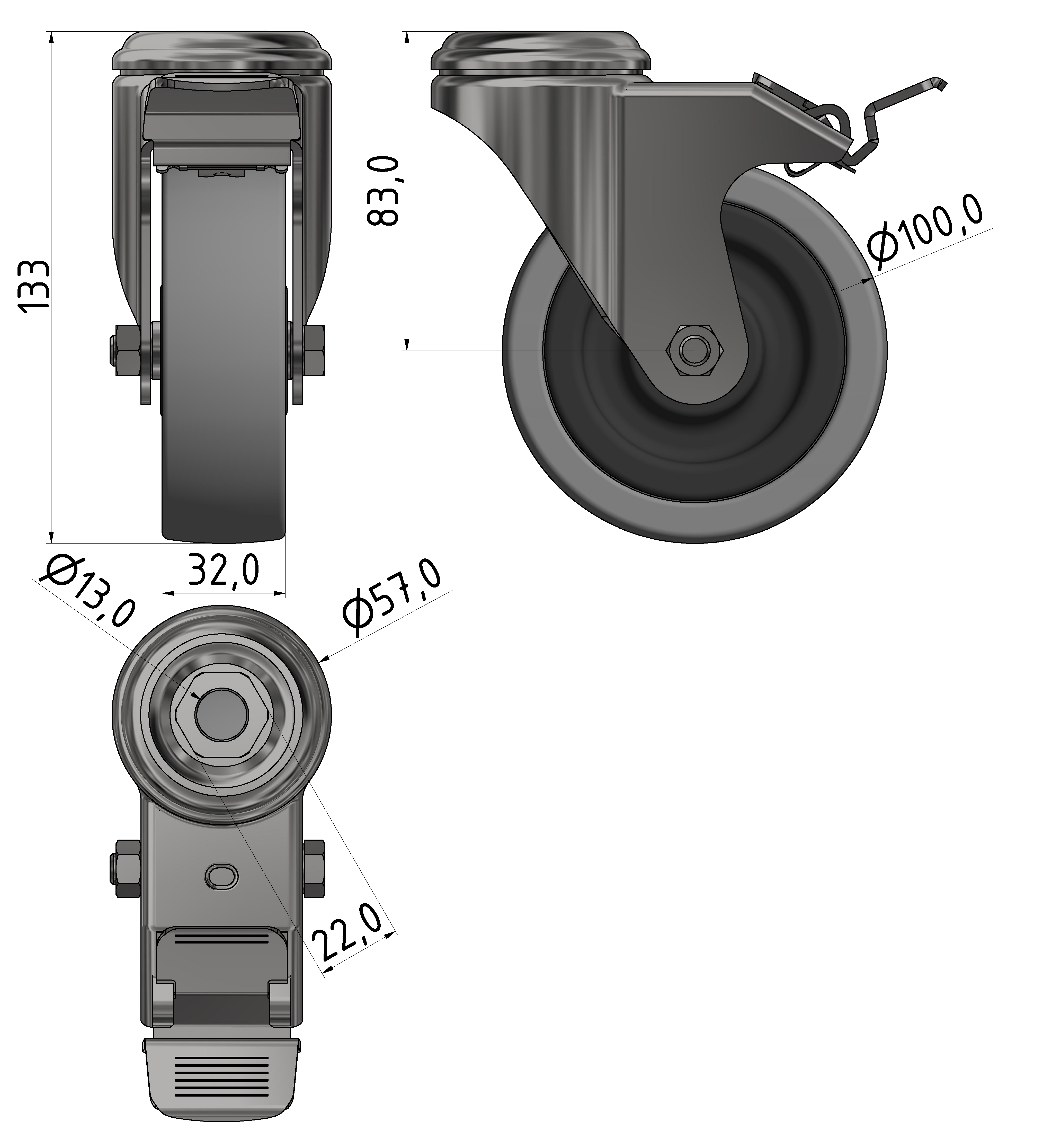 Castor D100 swivel with double-brake antistatic bright zinc-plated-8