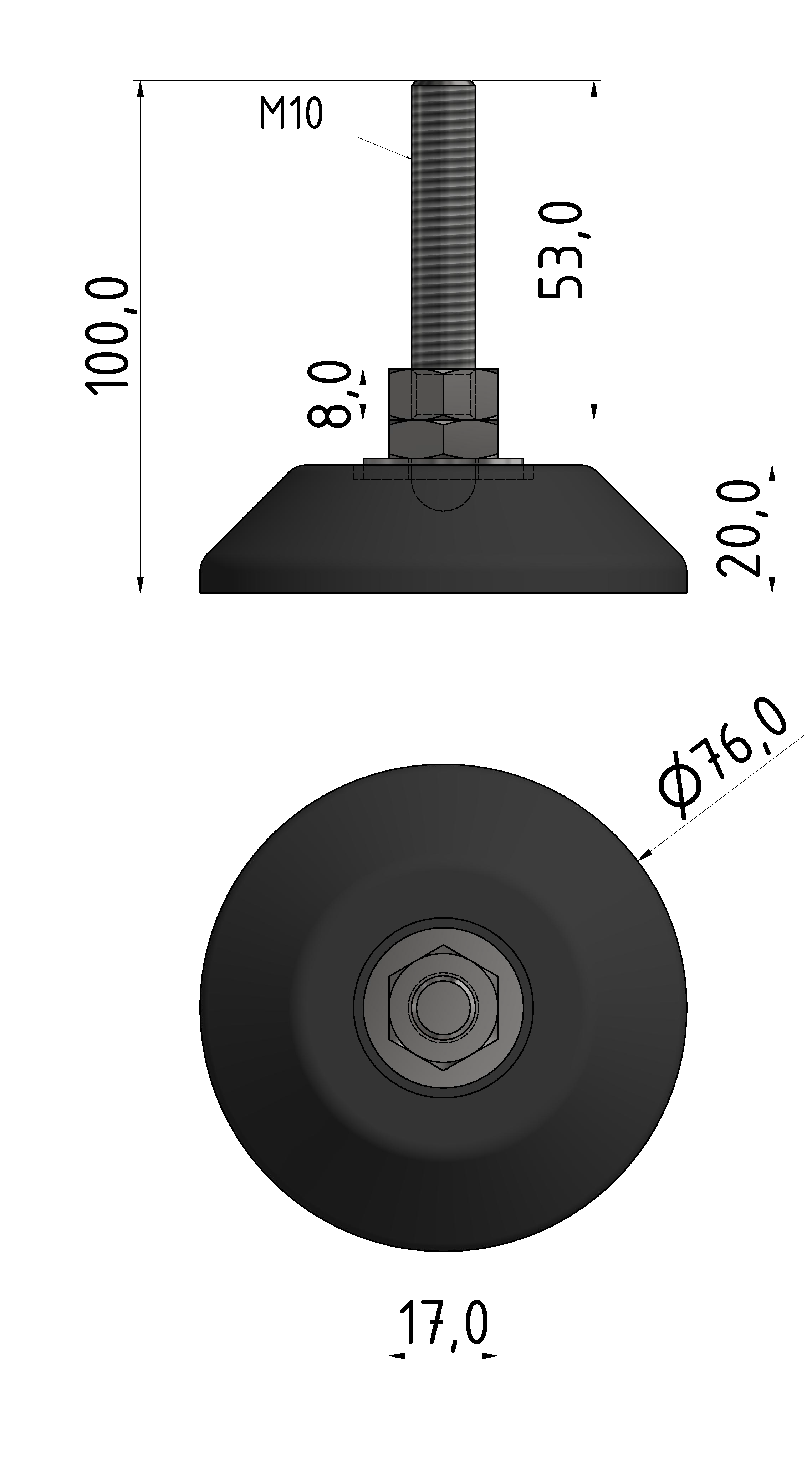 Stellfuß D80, M10x100, schwarz