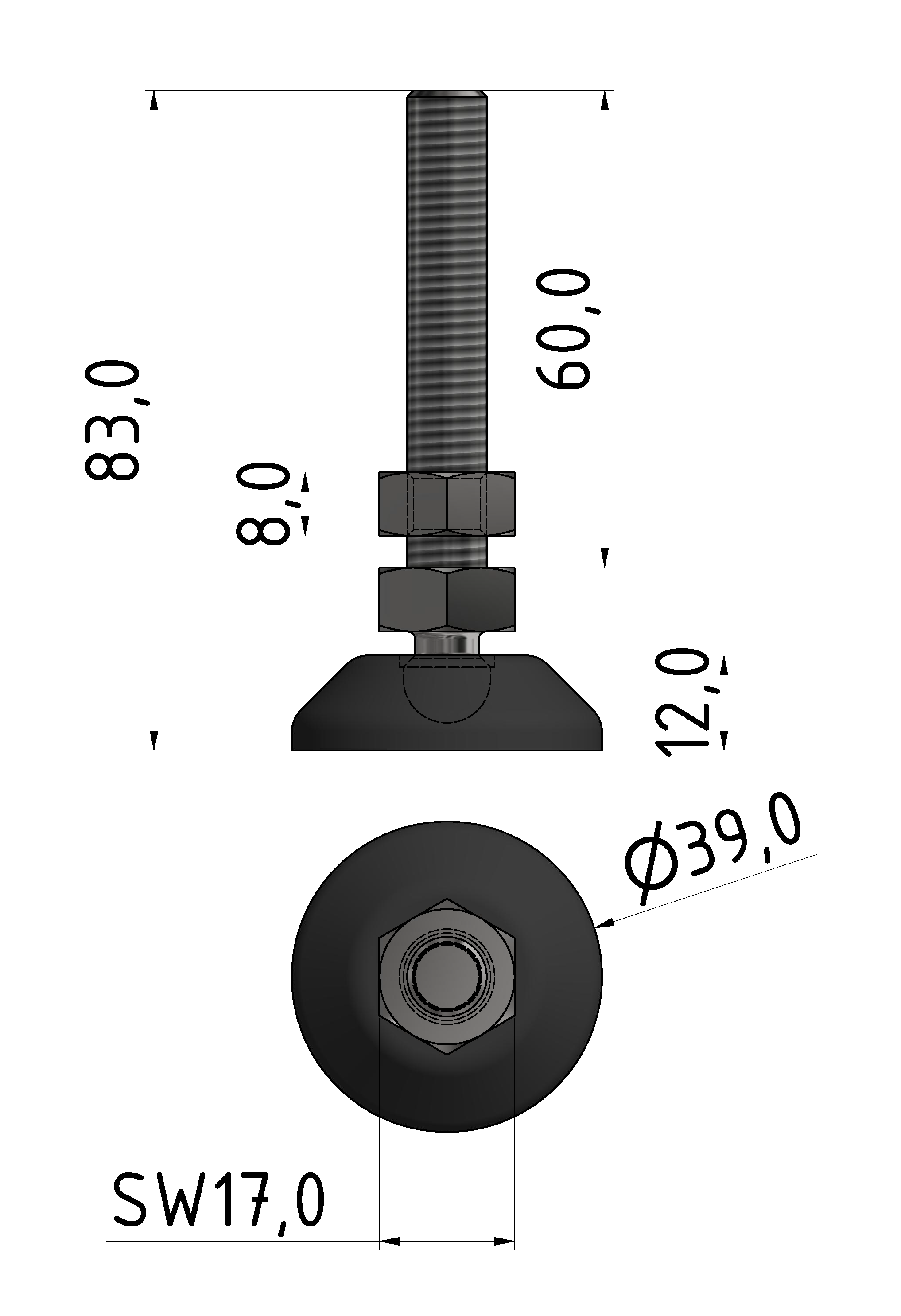 Stellfuß D40, M10x80, schwarz Stellfuß D40, M10x80, schwarz