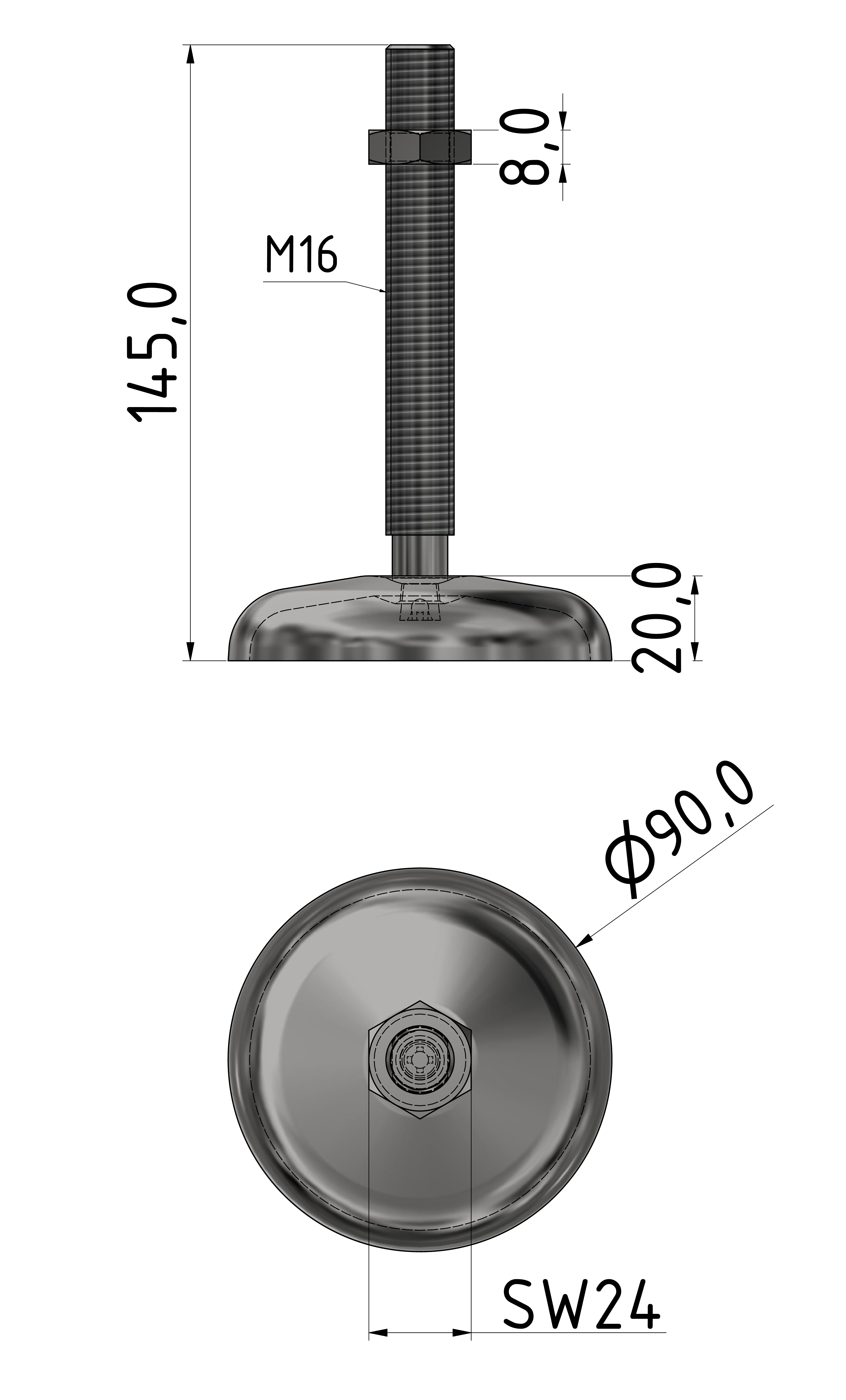 Stellfuß ST D90 M16x145, verzinkt