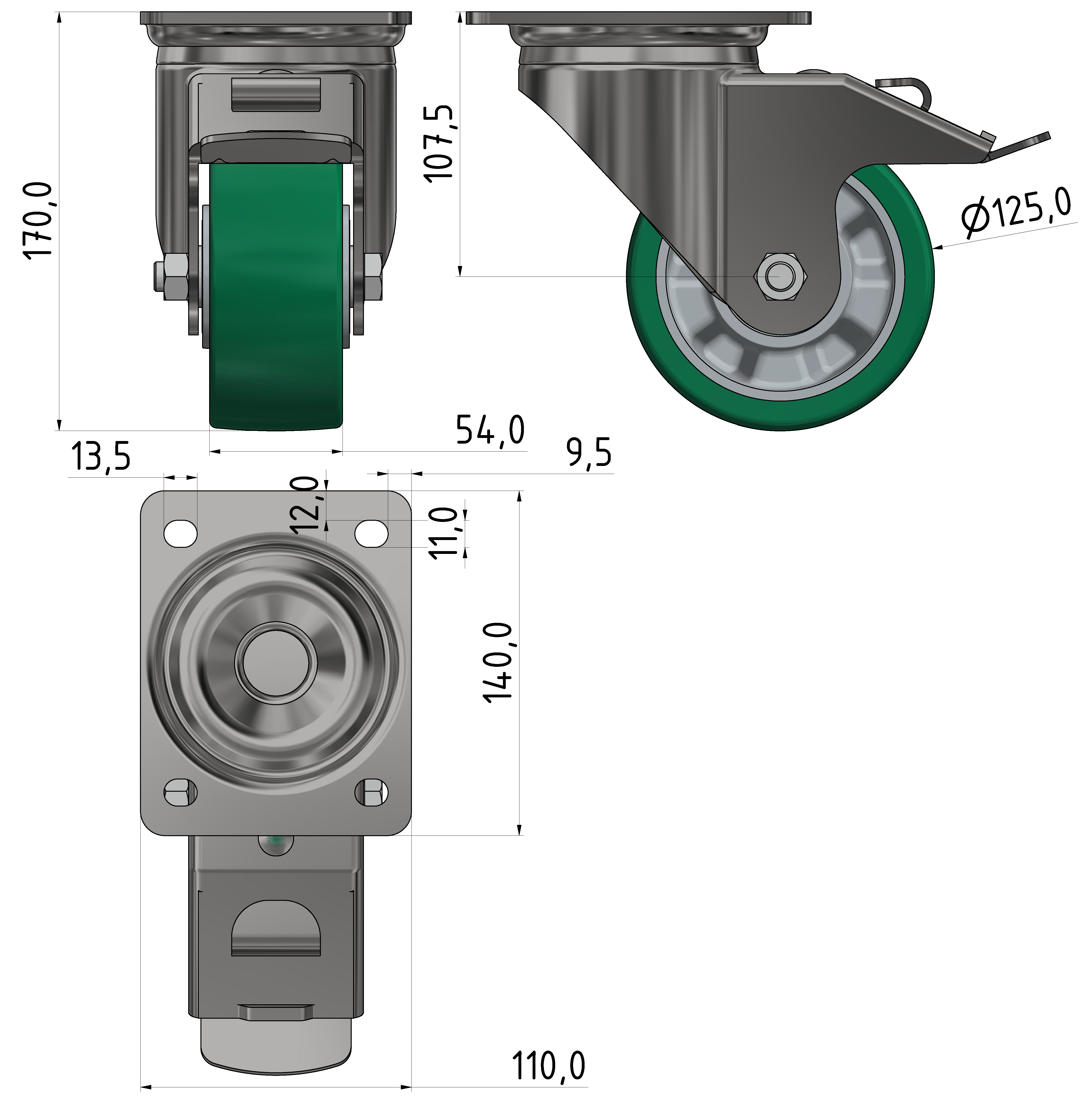 Castor D125 swivel with double-brake, heavy-duty-8