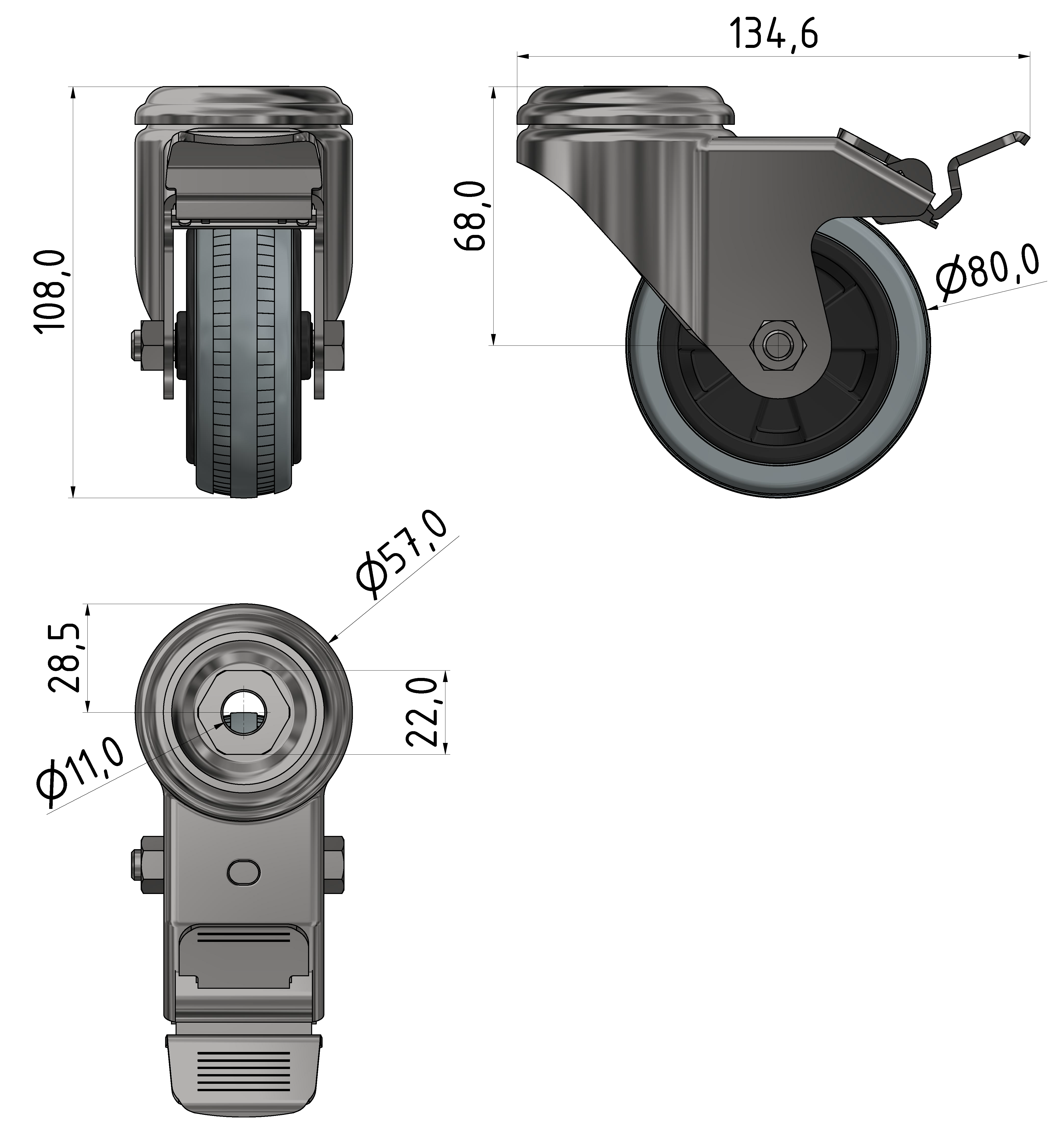 Castor D80 swivel with double-brake, bright zinc-plated