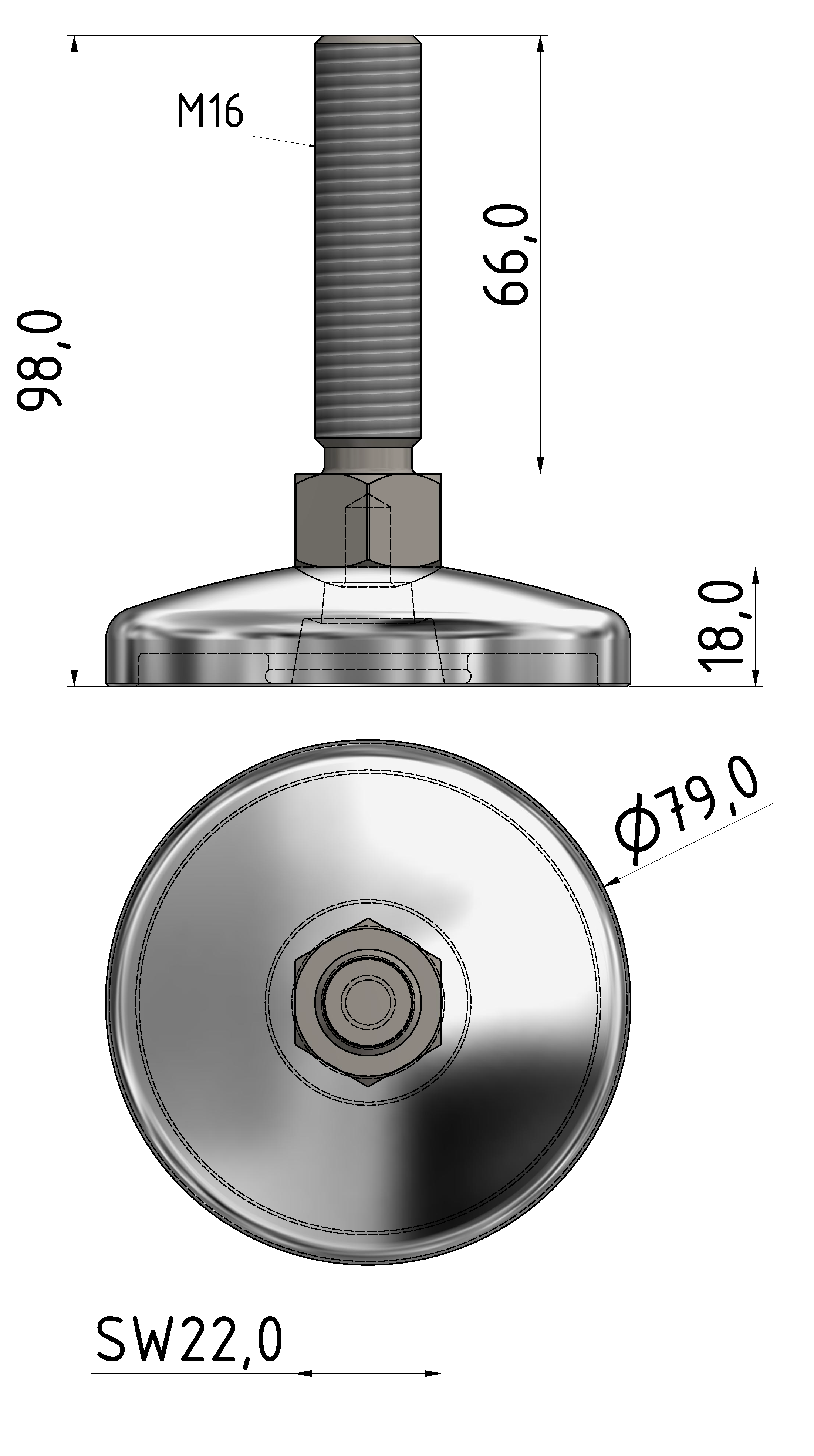 Stellfuß D80 X, M16x100, Edelstahl