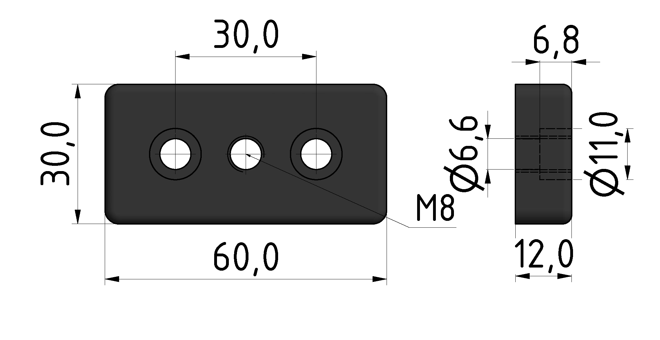 Fußplatte 6 60x30, M8, schwarz