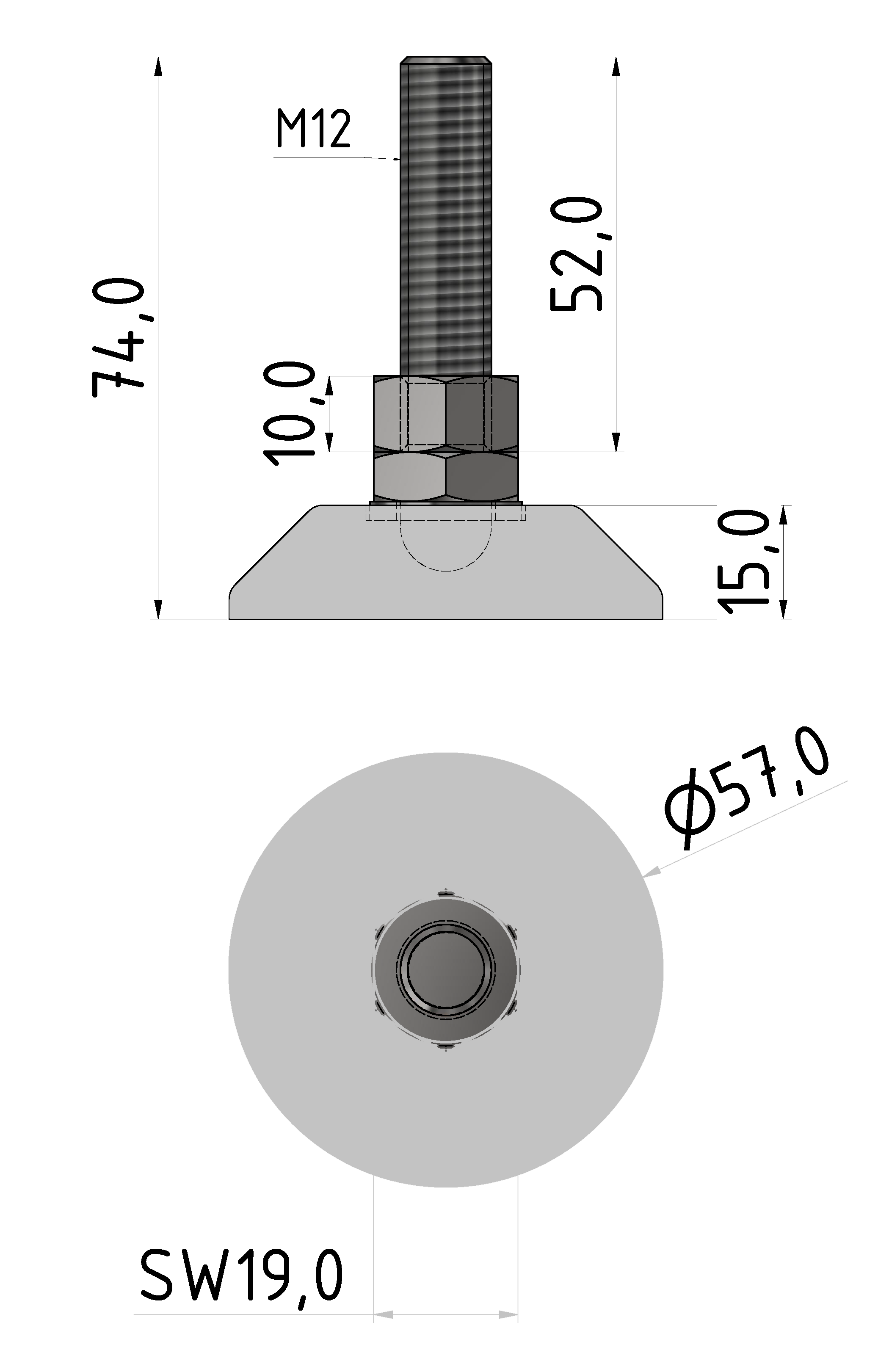 Stellfuß D60, M12x75, weißaluminium