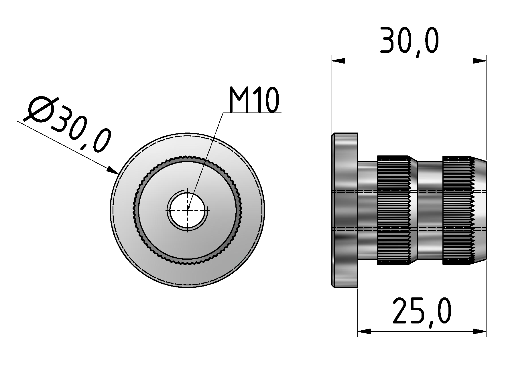 Threaded Insert, Profile Tube D30 M10 Al, natural