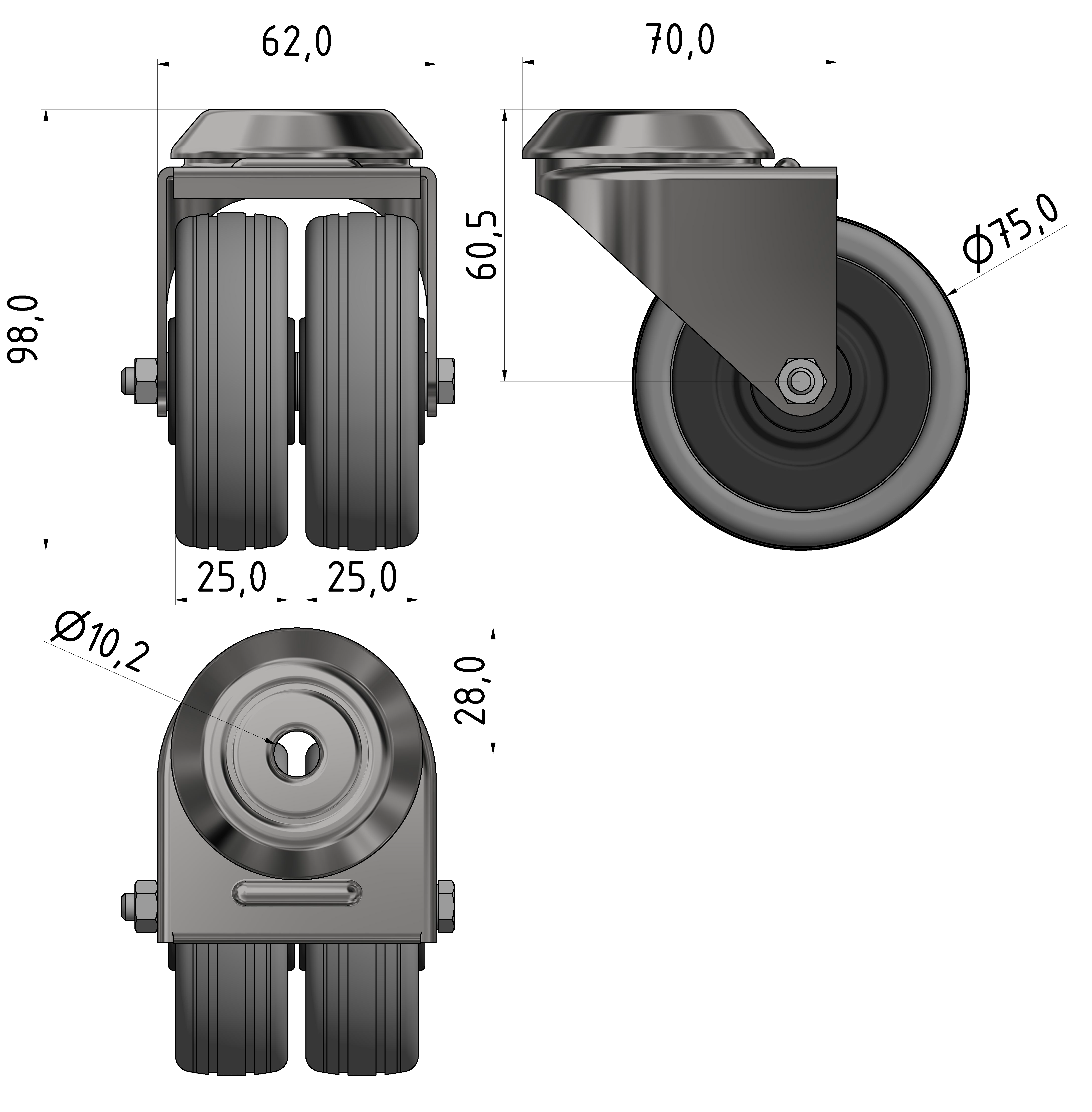 Doppel Lenkrolle D75, verzinkt