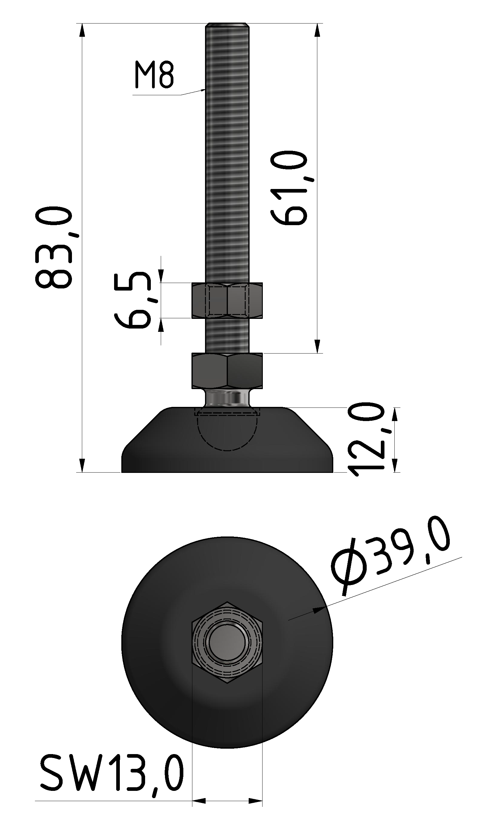 Stellfuß D40, M8x80, schwarz