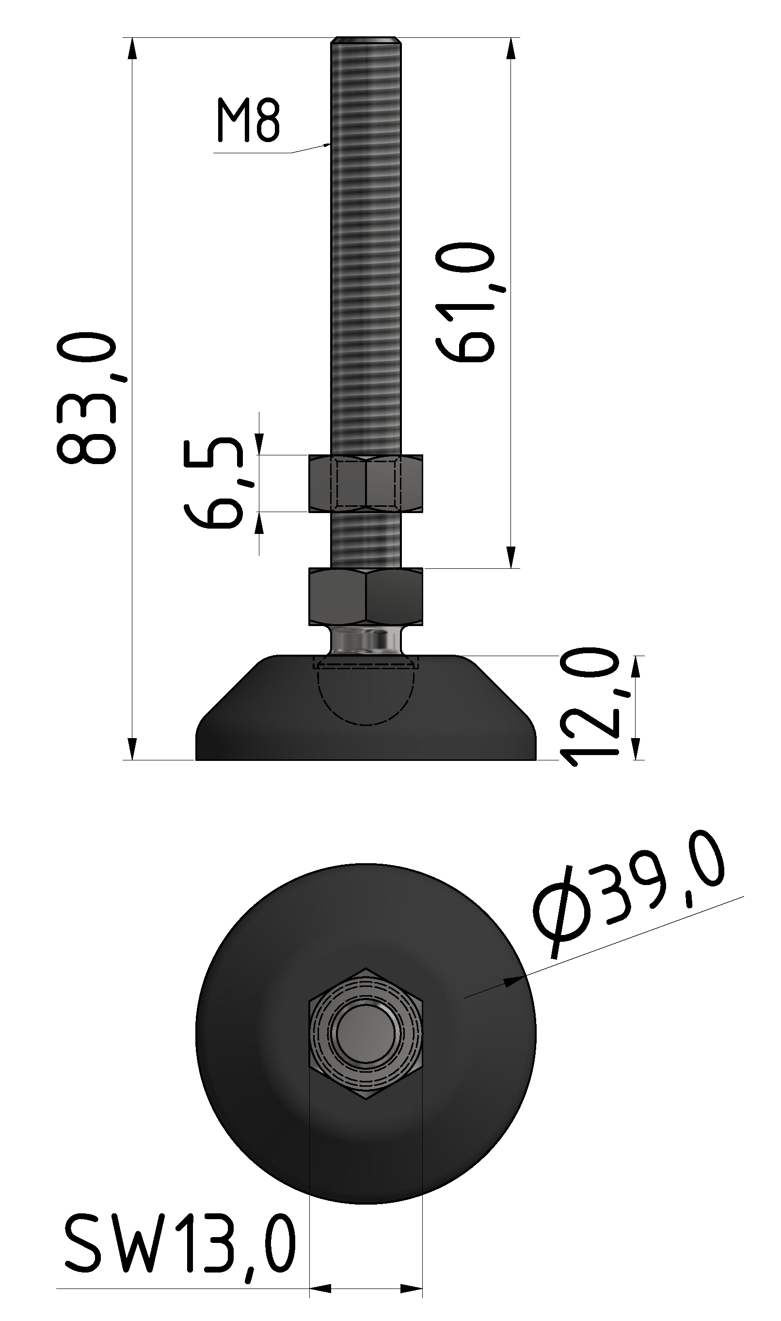 Knuckle Foot D40, M8x80, black