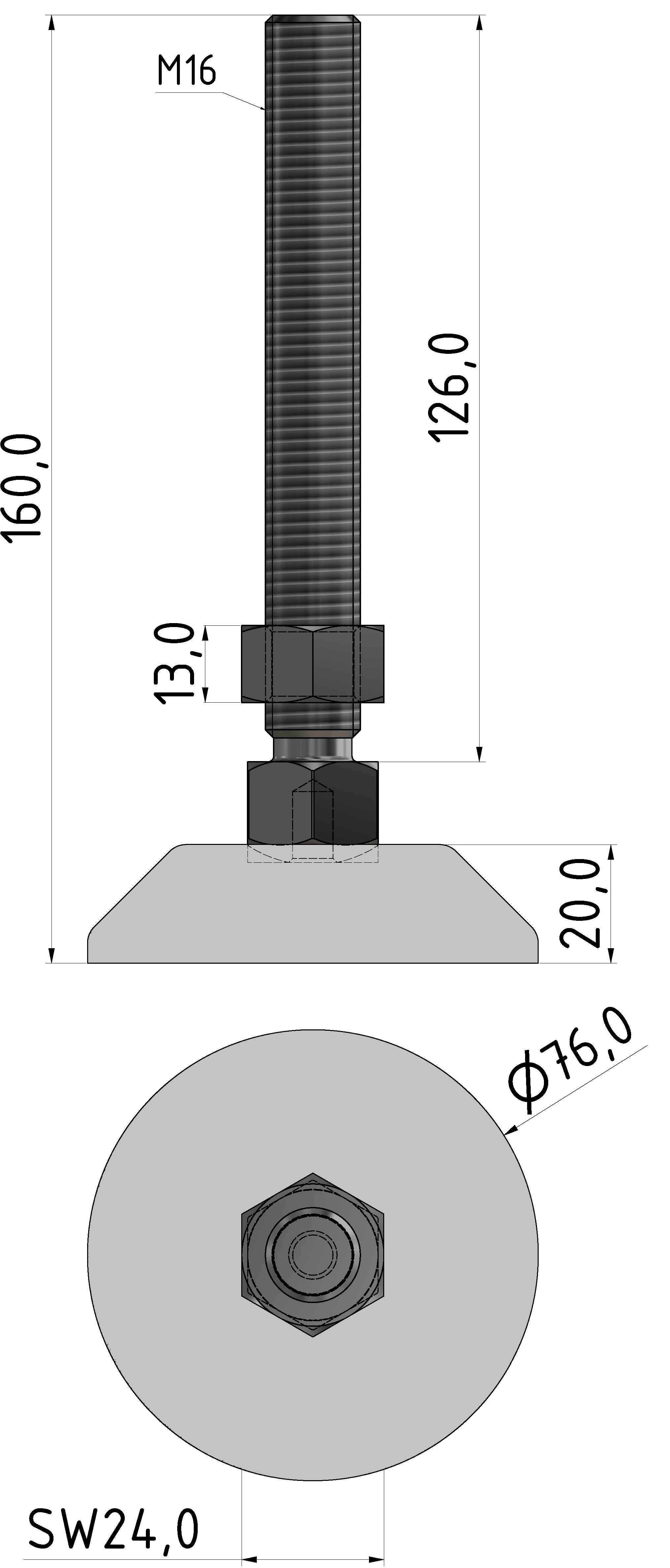 Stellfuß D80, M16x160, weißaluminium