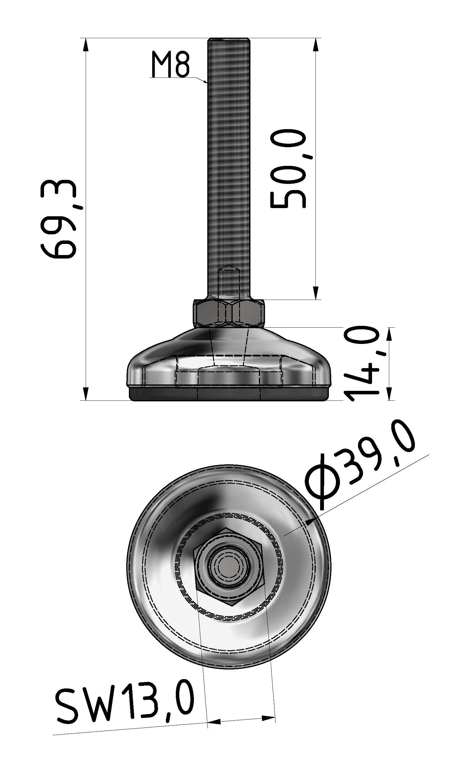 Stellfuß D40 X, M8x70, Edelstahl