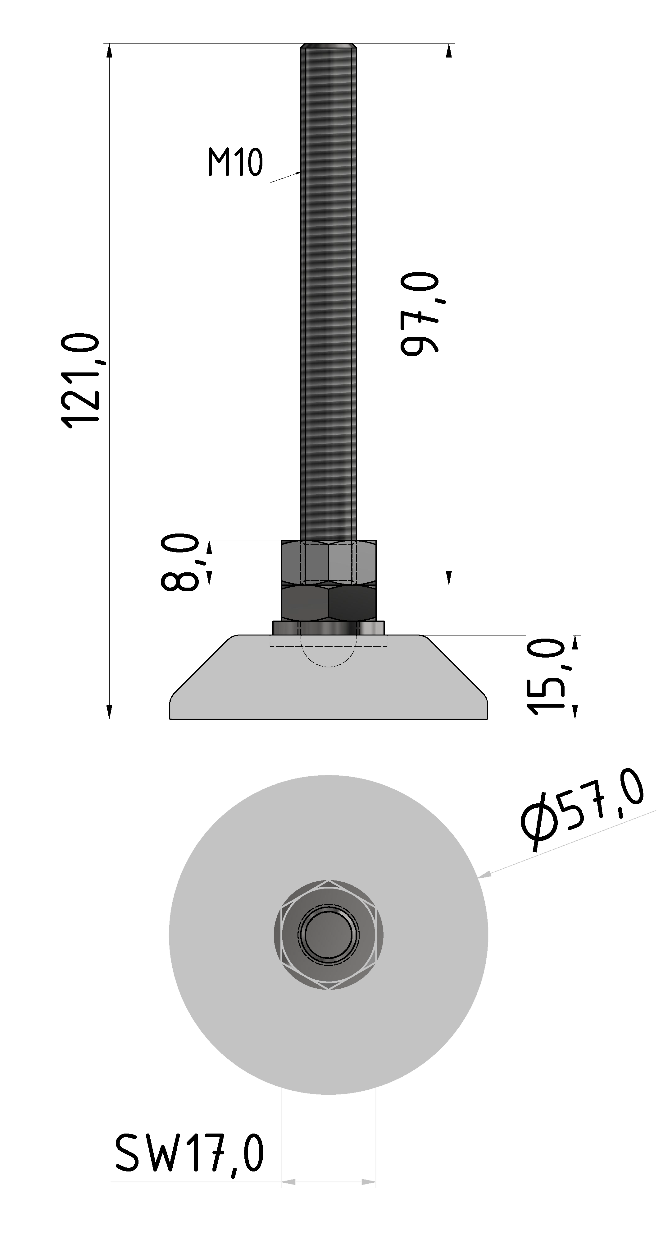 Stellfuß D60, M10x120, weißaluminium