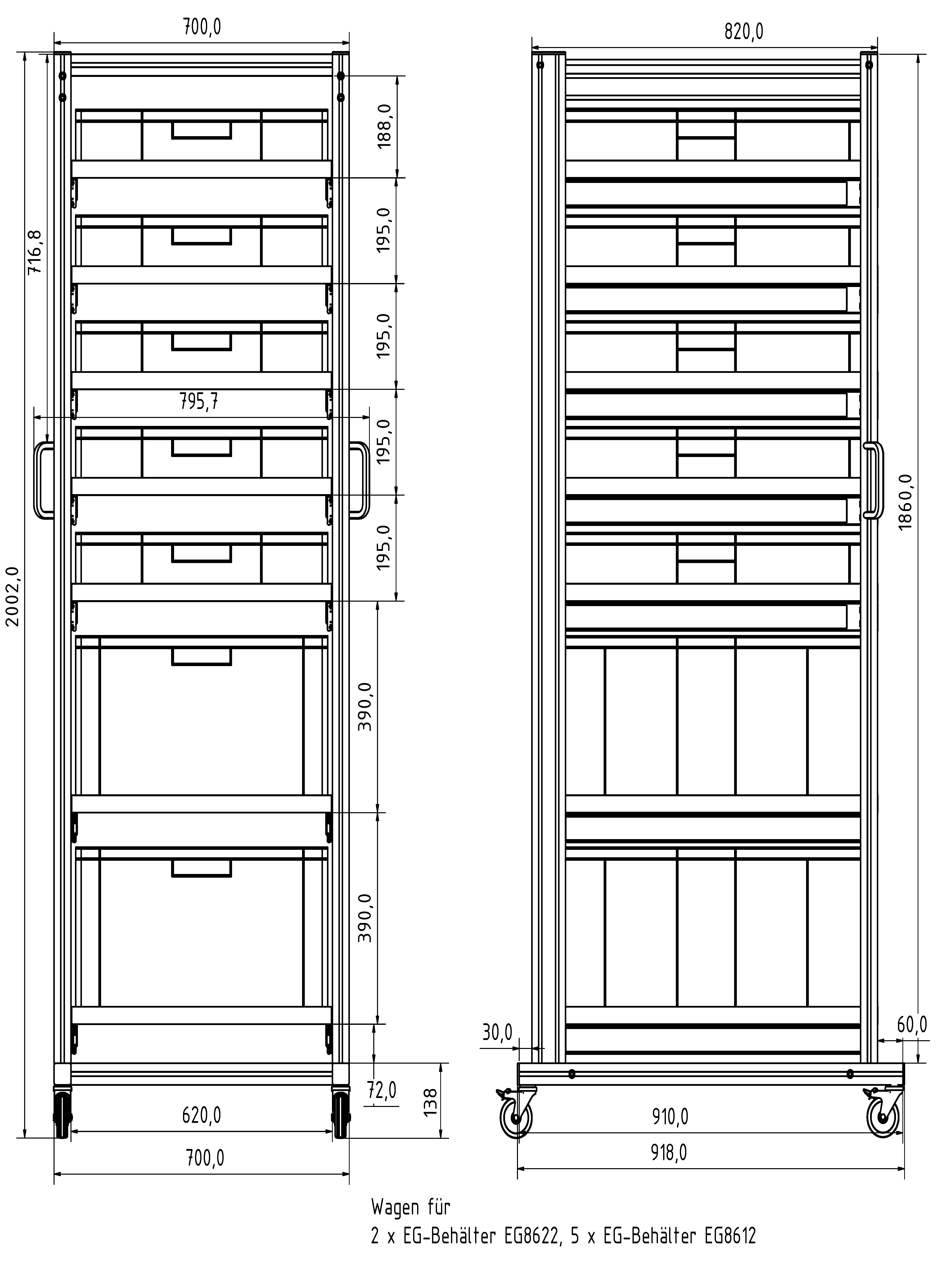 Systemwagen für Eurobehälter 80x60 H 200 cm