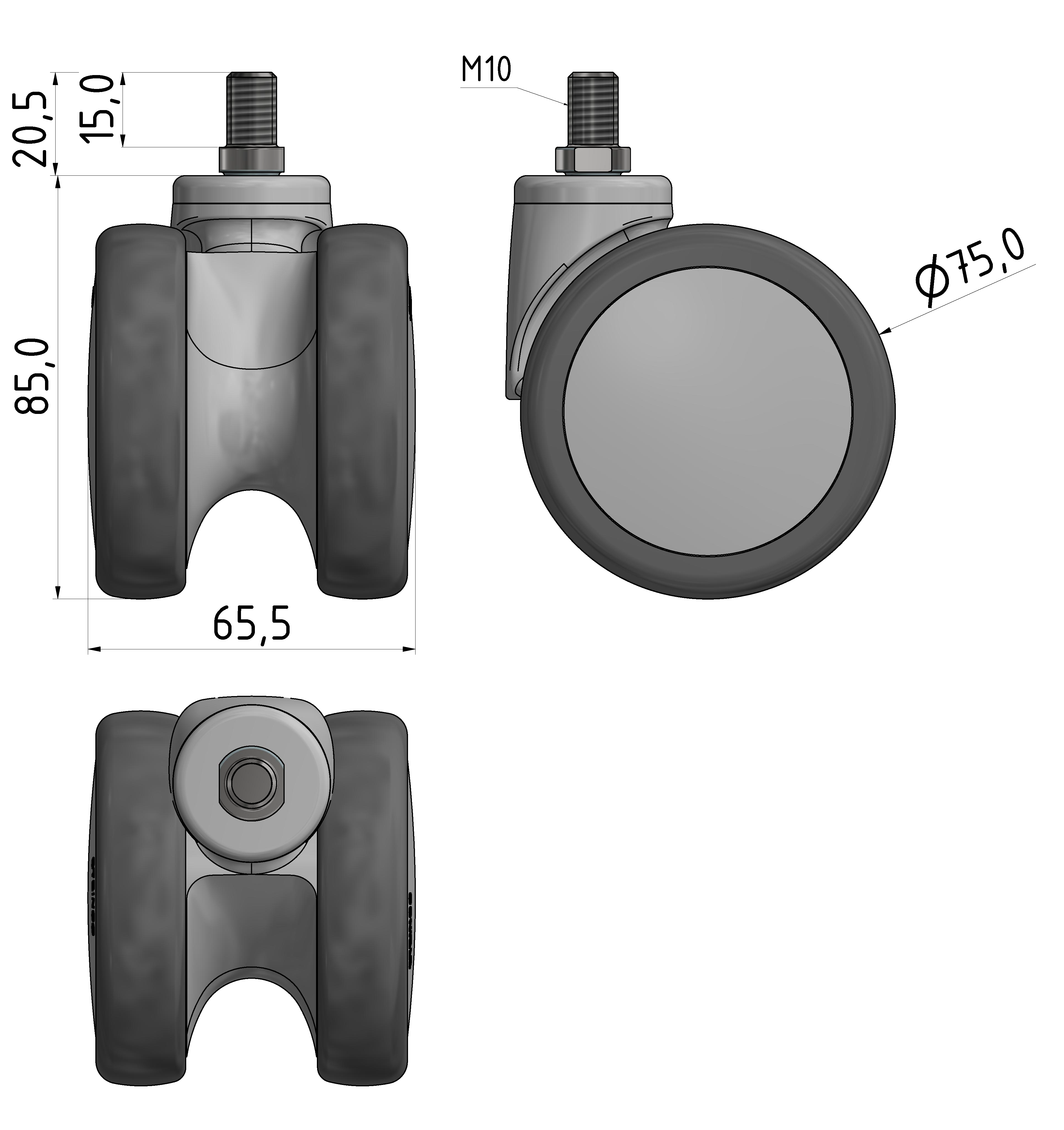 Lenkrolle D75 X PA ESD, grau