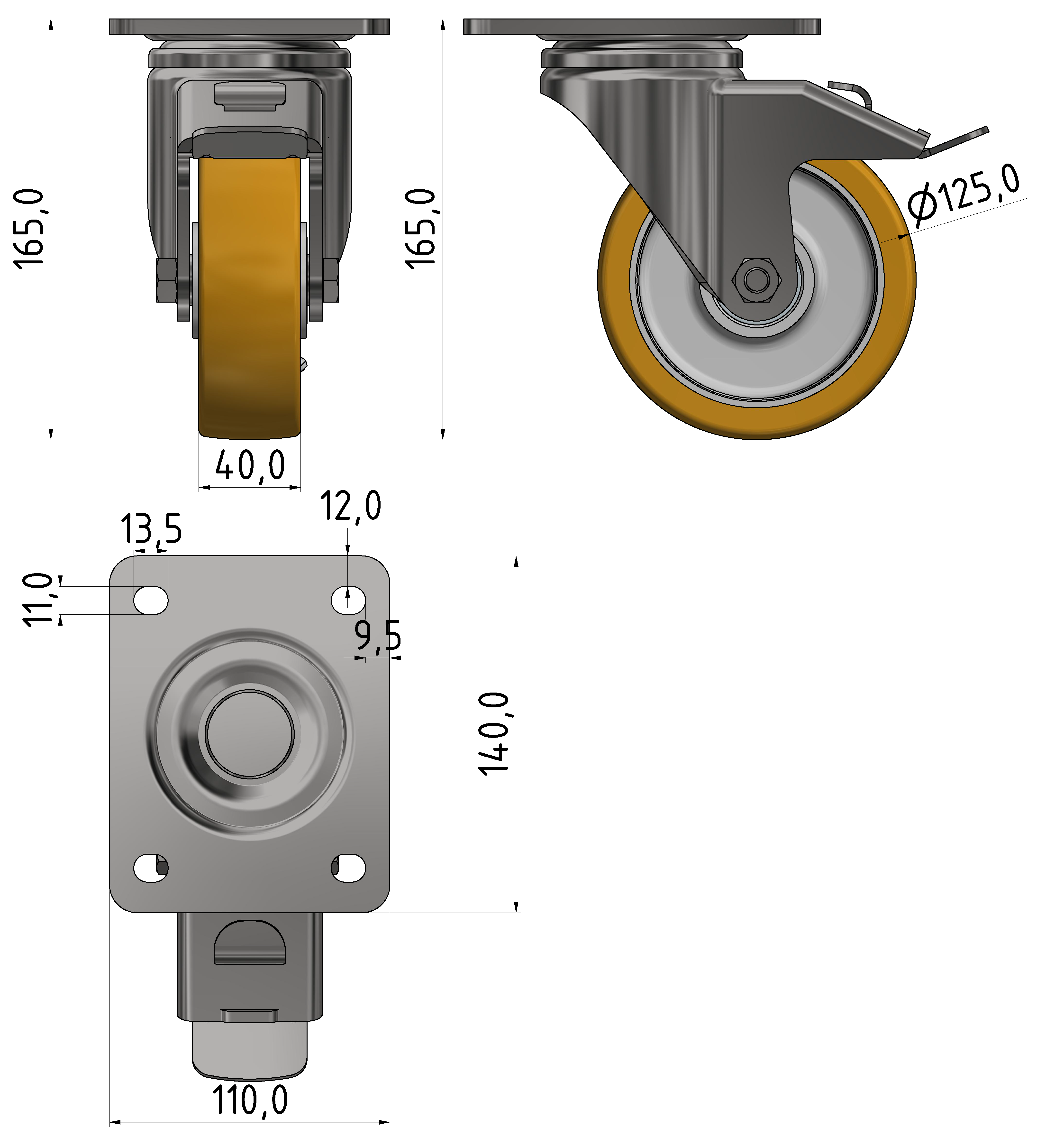 Lenkrolle D125 Doppelfeststeller, schwer-8