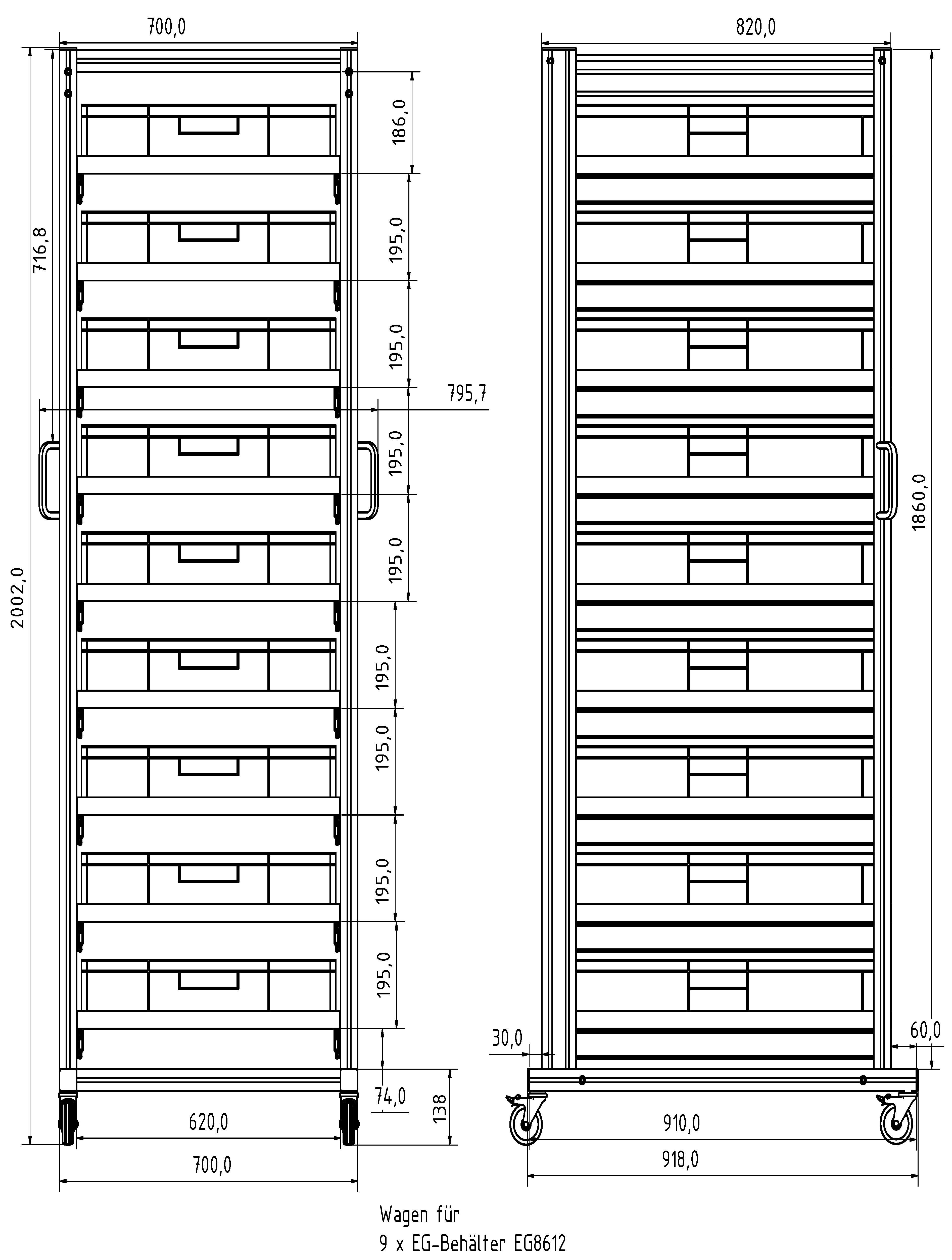 Systemwagen mit Eurobehälter 80x60 H 200 cm