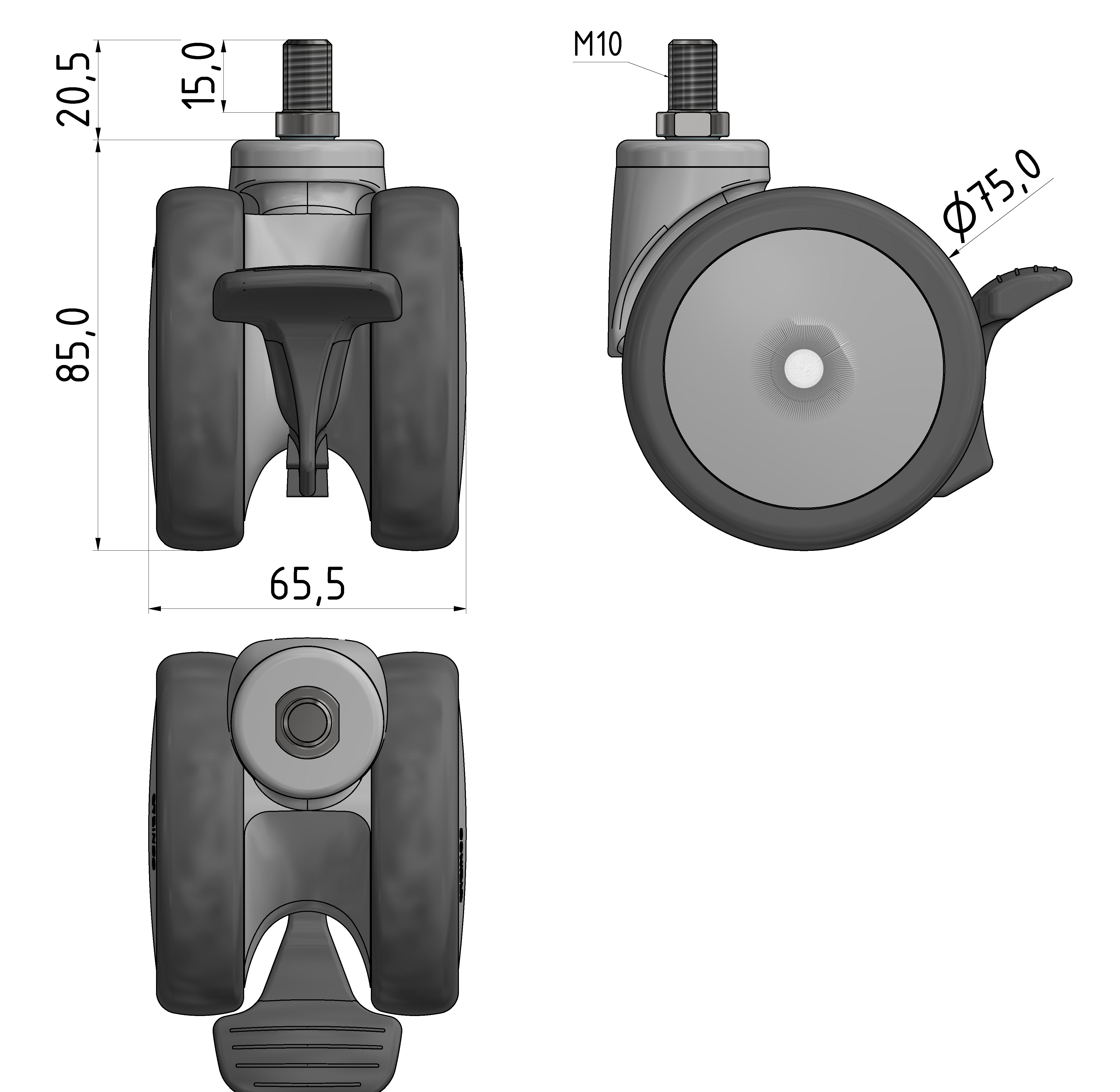 Lenkrolle D75 X PA mit Bremse ESD, grau