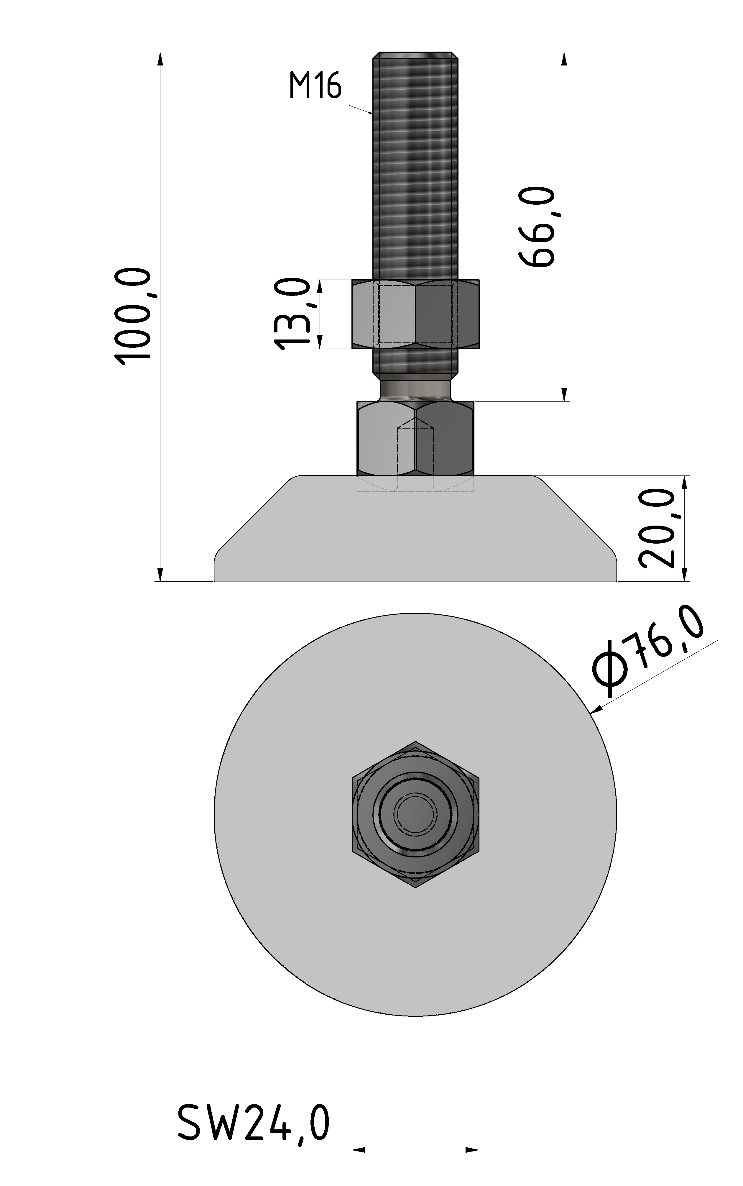 Knuckle Foot D80, M16x100, white aluminium