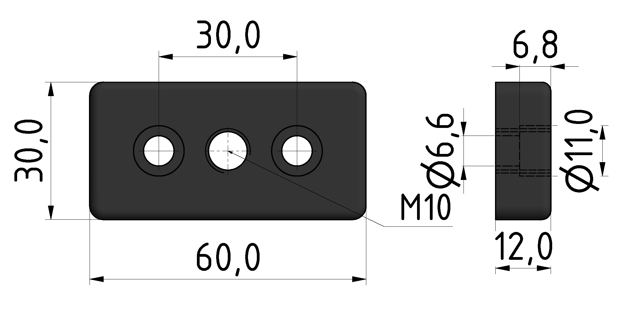 Fußplatte 6 60x30, M10, schwarz