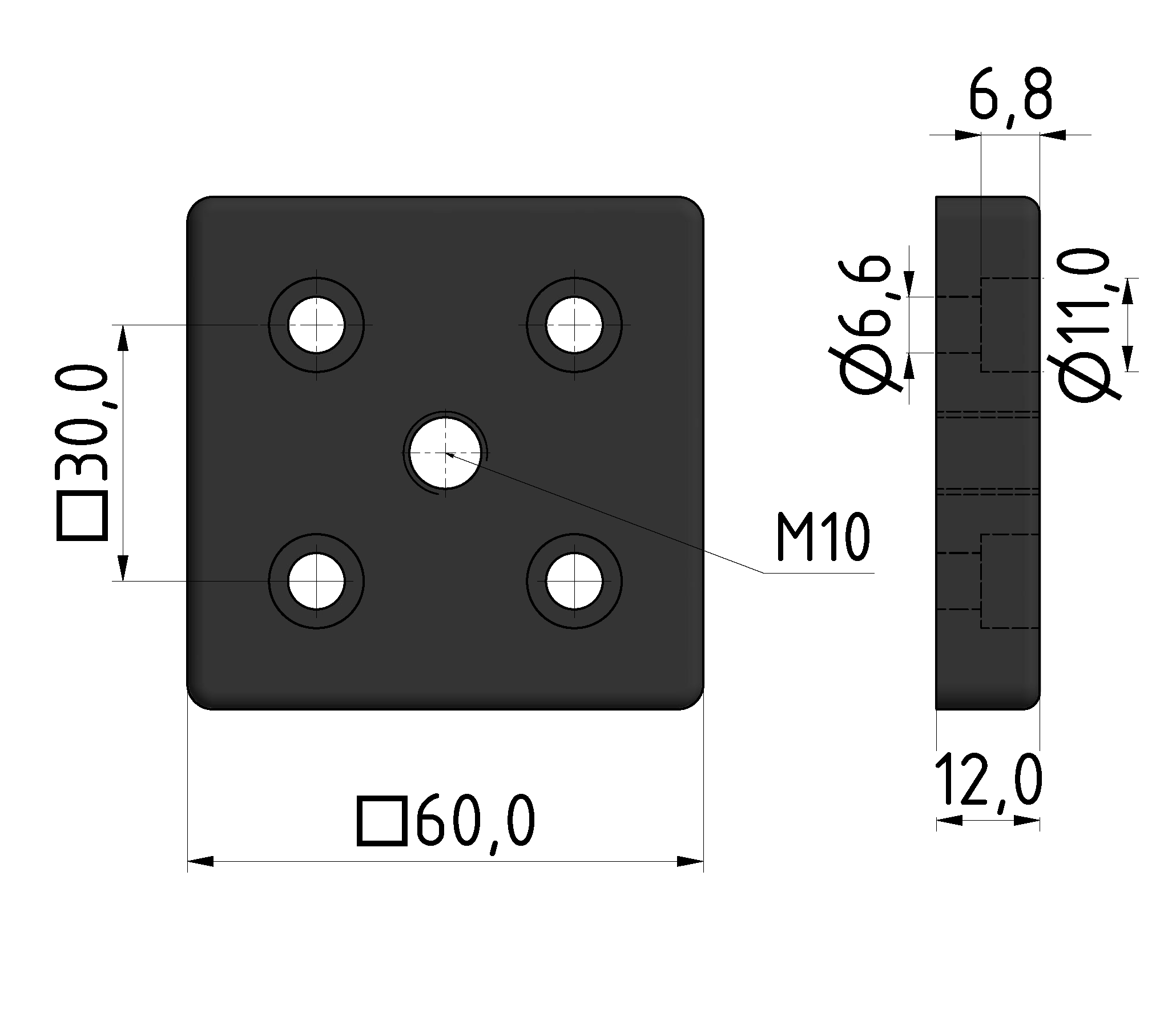 Fußplatte 6 60x60, M10, schwarz