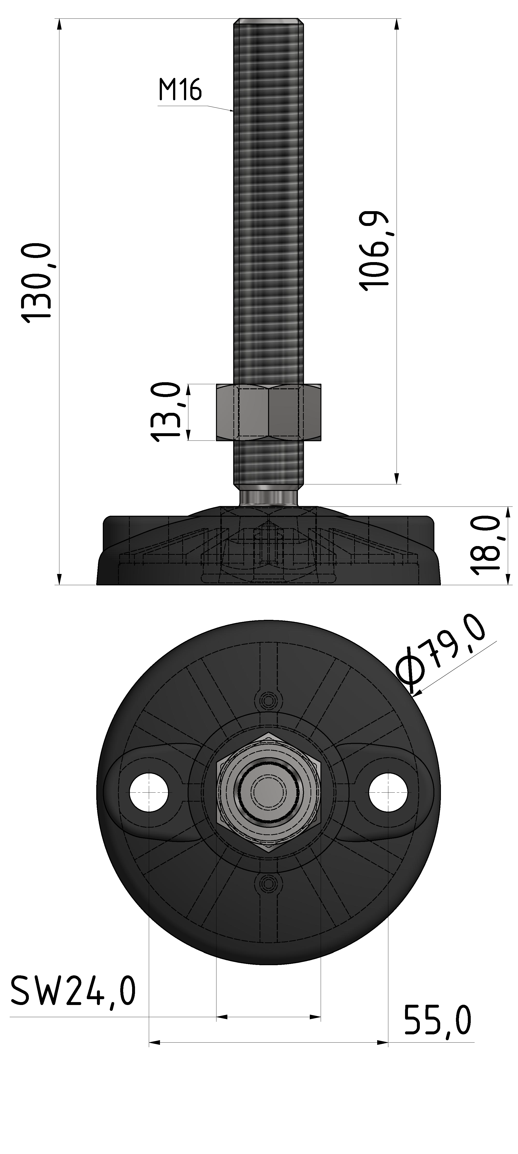 Stellfuß D80 B, M16x130, schwarz
