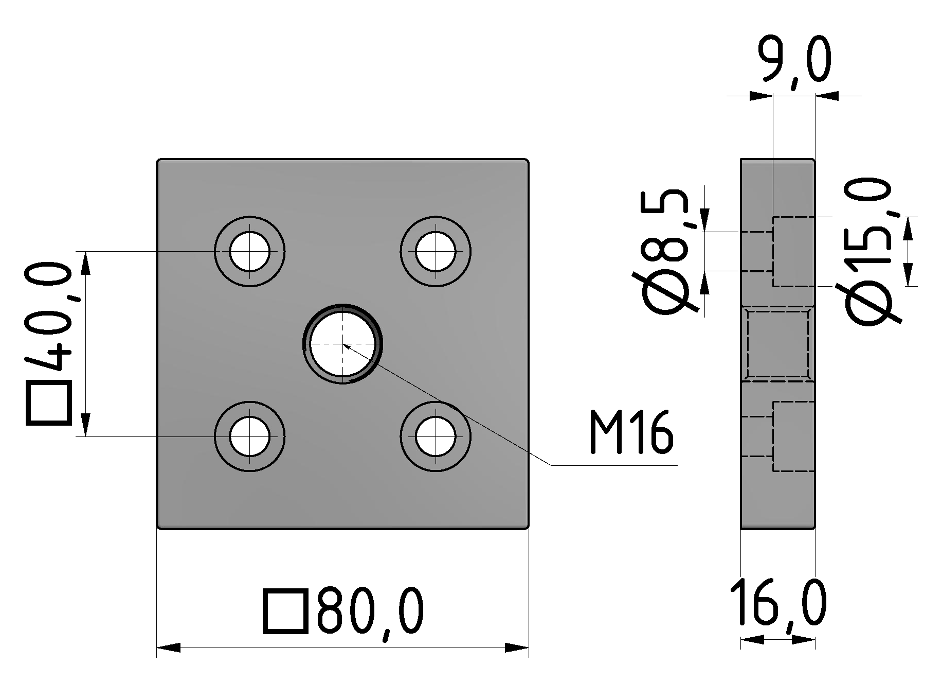 Fußplatte X 8 80x80, M16, weißaluminium