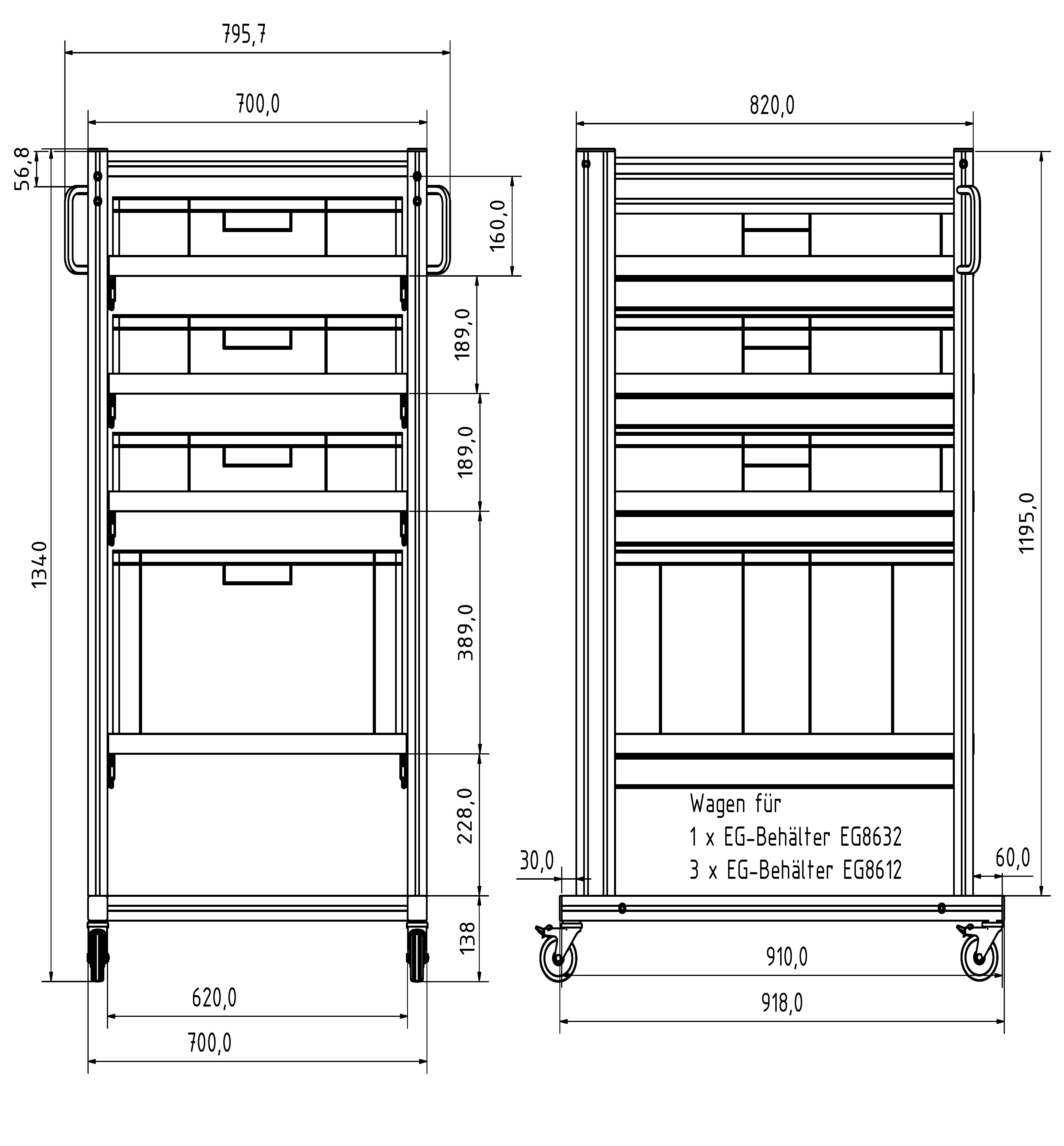 ESD Systemwagen mit Eurobehälter 80x60 H 134 cm 