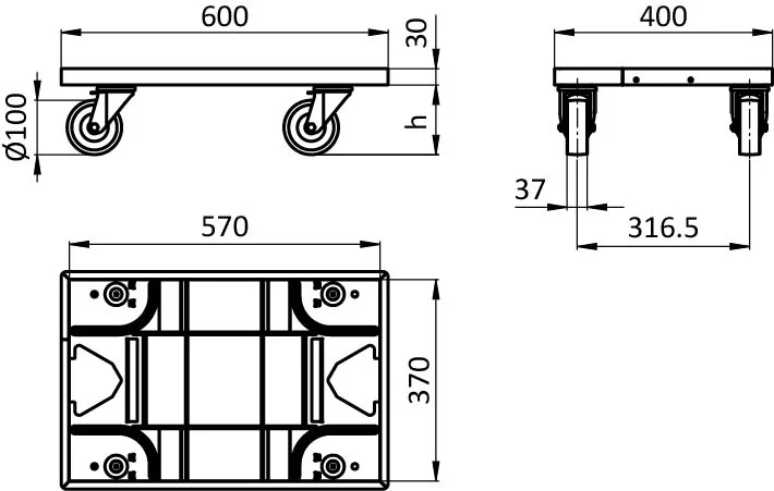 Bodenroller für KLT 600 x 400, 4 Lenkrollen, Vollgummi grau