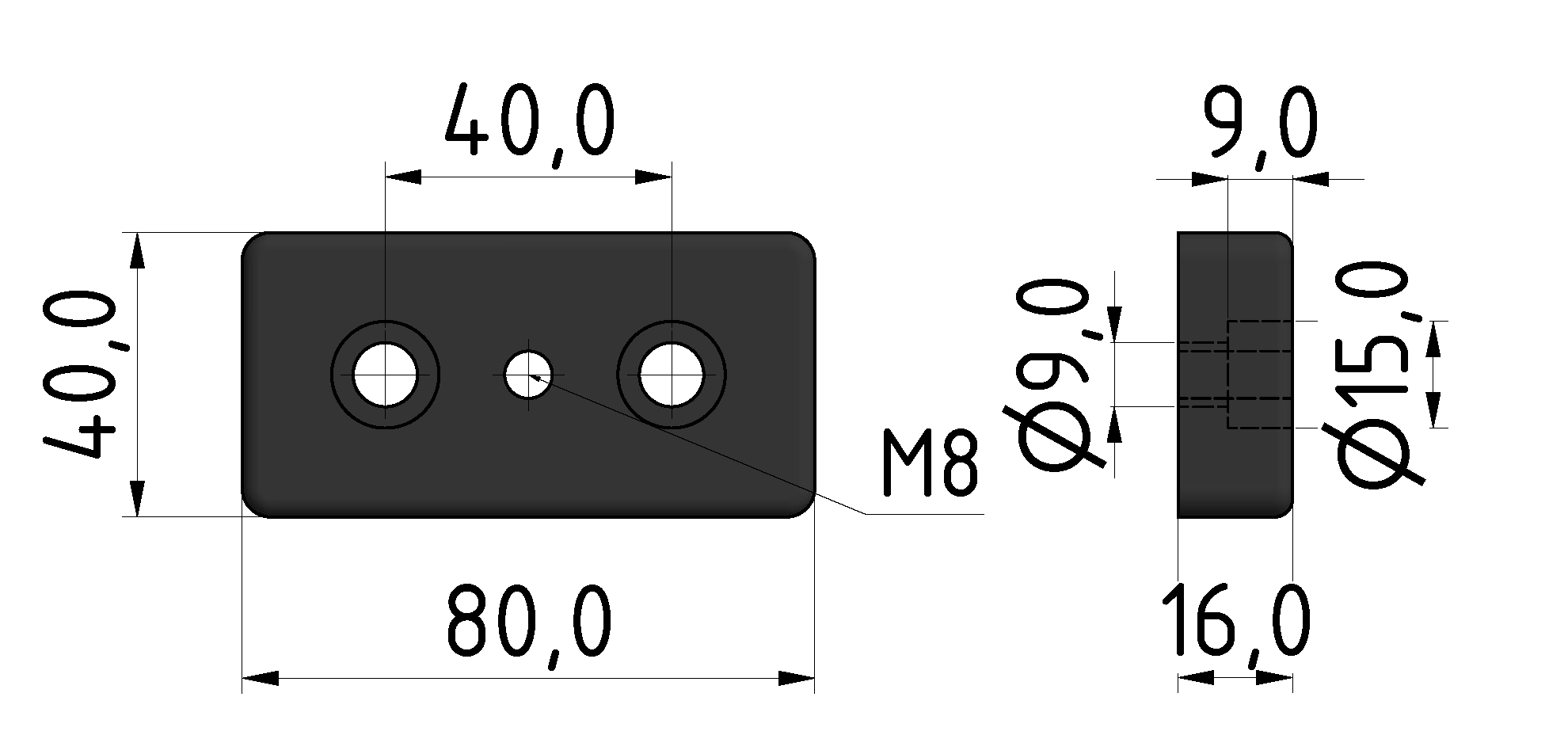 Fußplatte 8 80x40, M8, schwarz