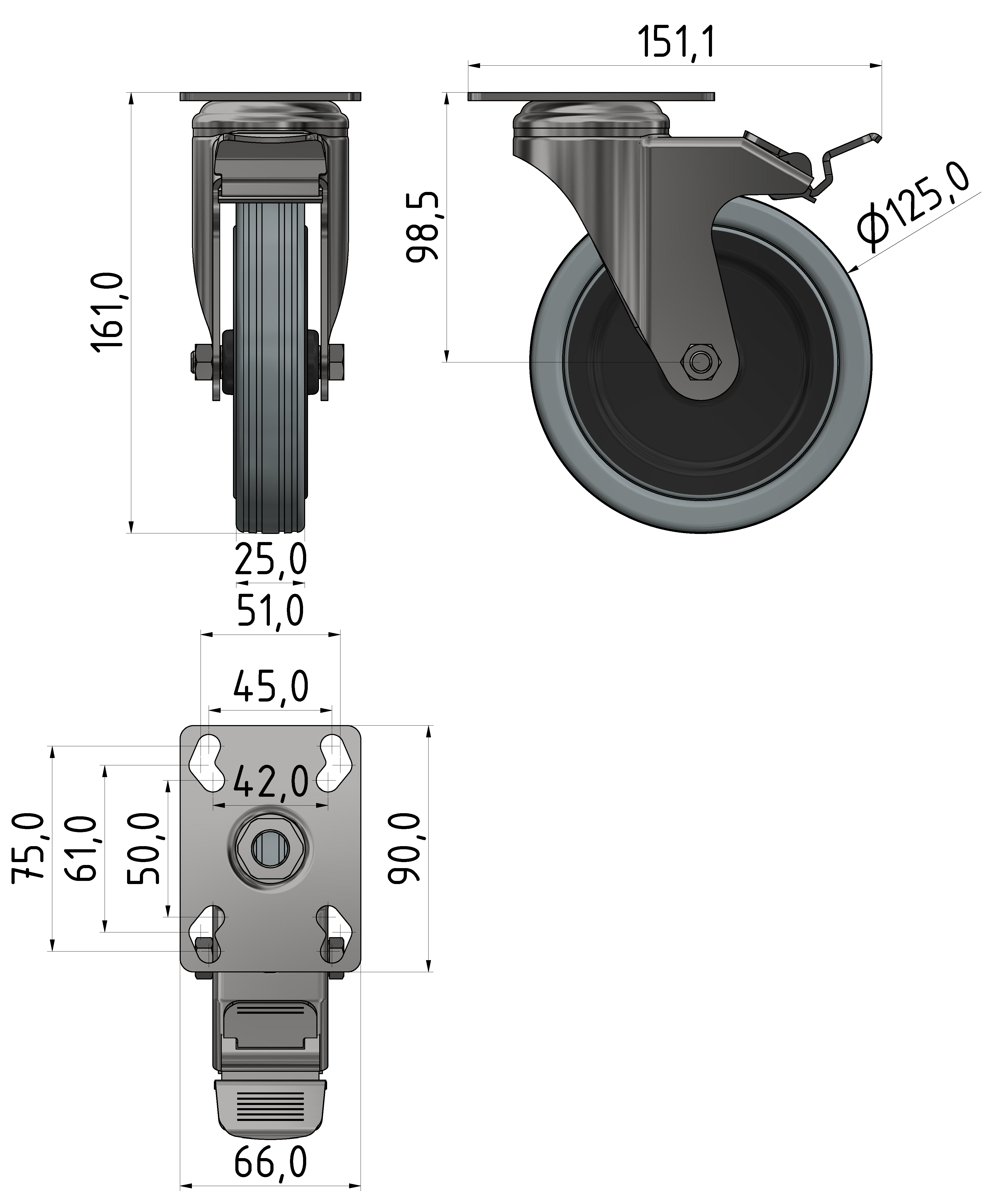 Lenkrolle D 125 mit Anbauflansch mit Bremse