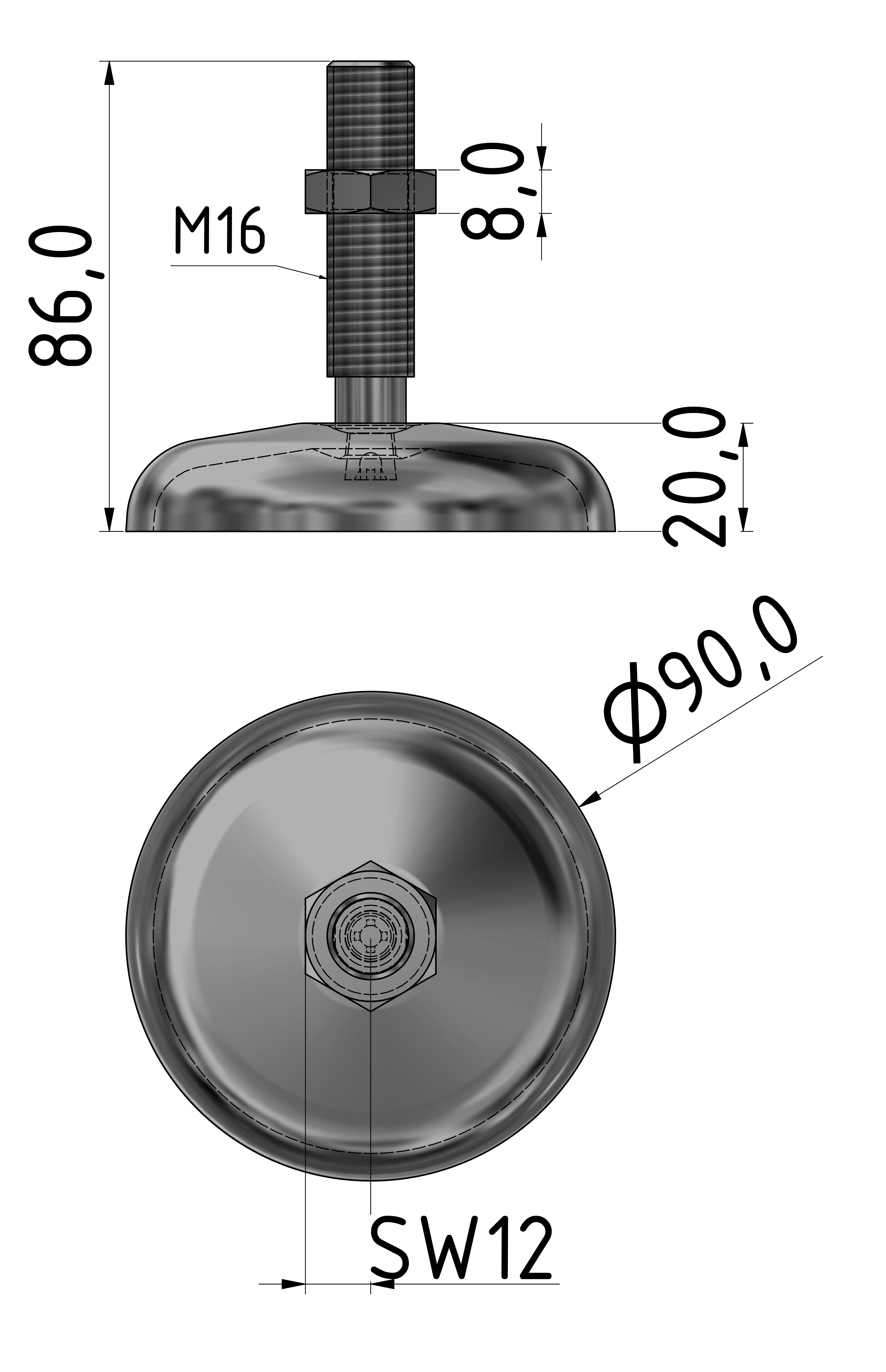 Stellfuß ST D90 M16x85, verzinkt