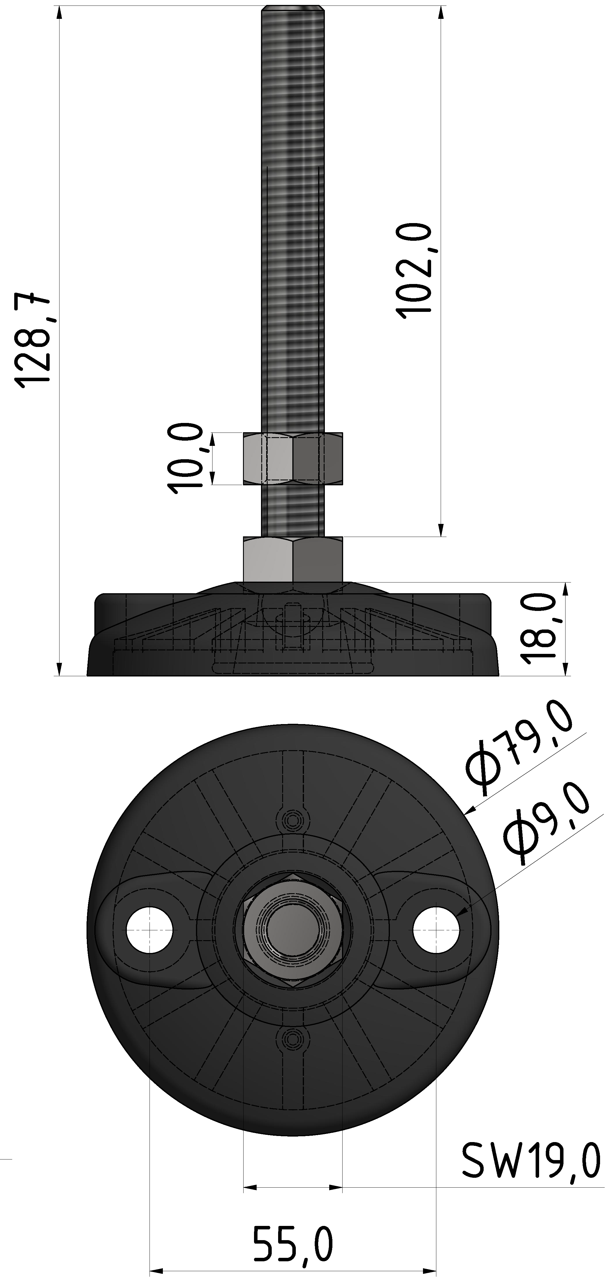 Stellfuß D80 B, M12x130, schwarz