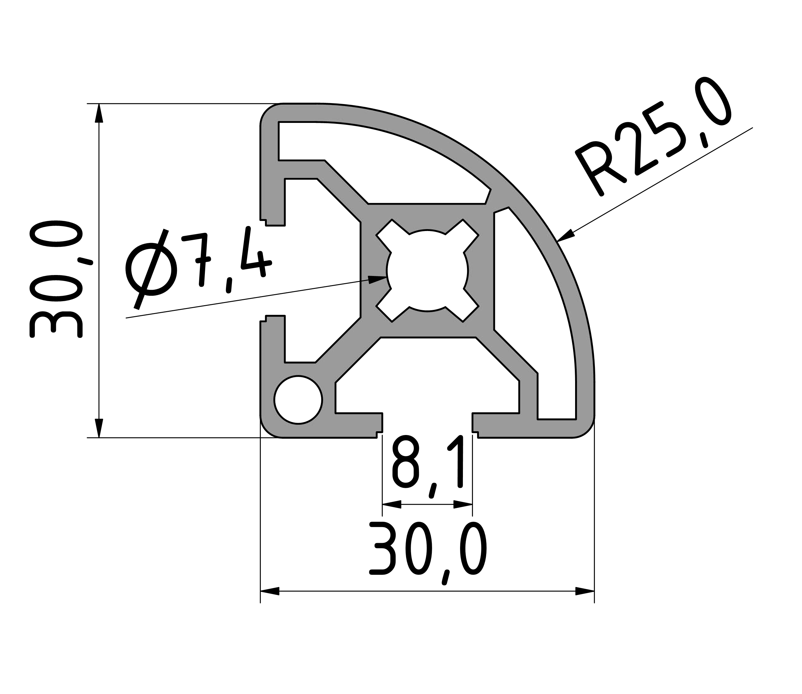 Strebenprofil 30x30 R Strebenprofil 30x30 R