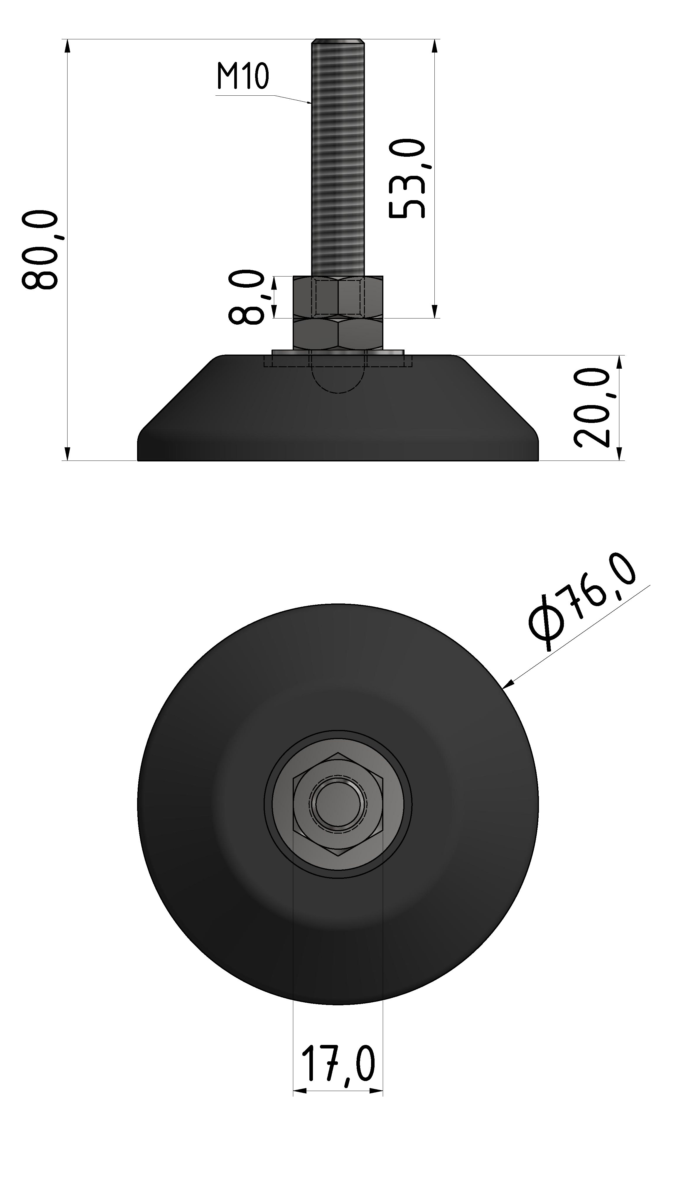 Stellfuß D80, M10x80, schwarz
