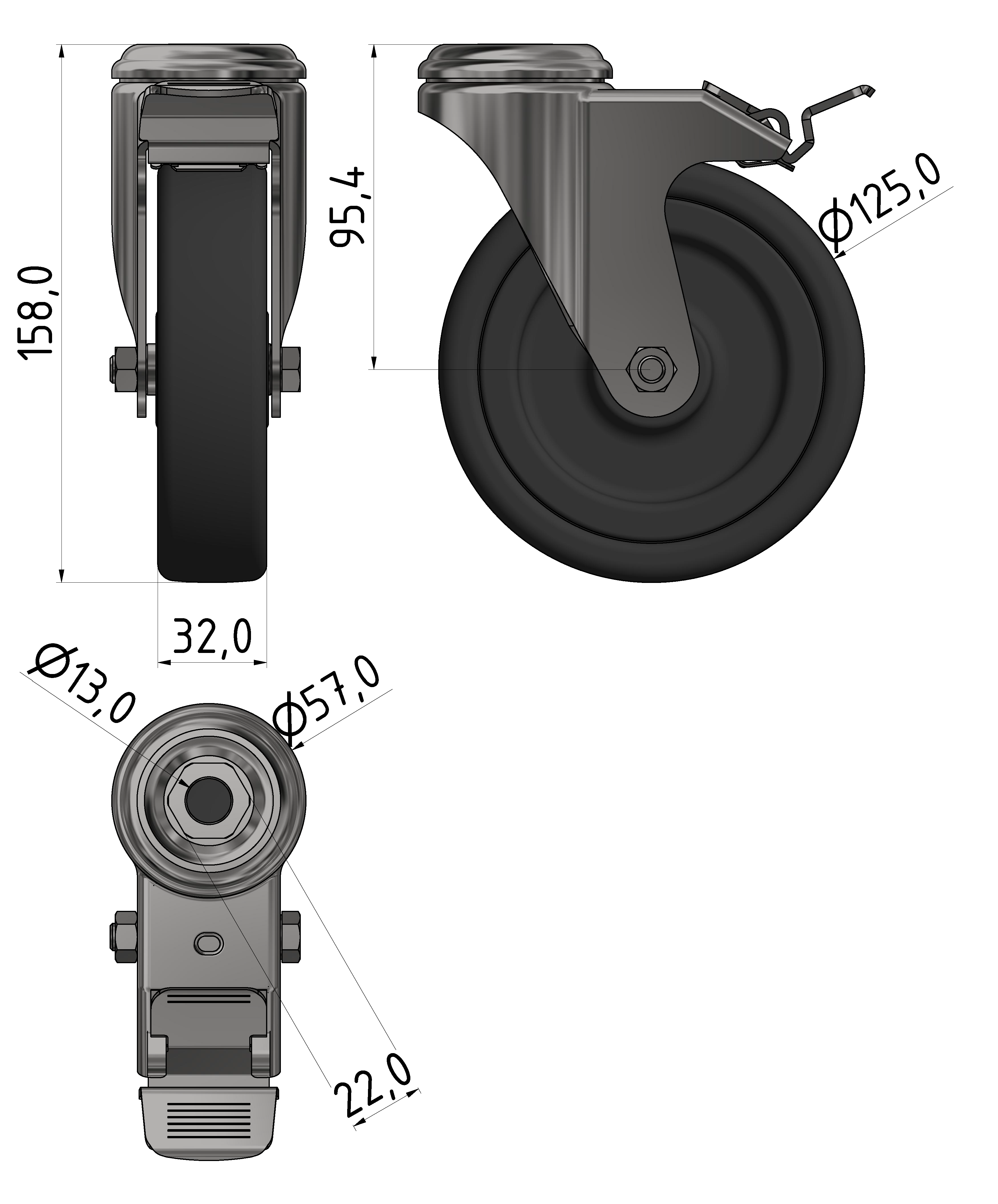 Castor D125 swivel with double-brake antistatic bright zinc-plated-8