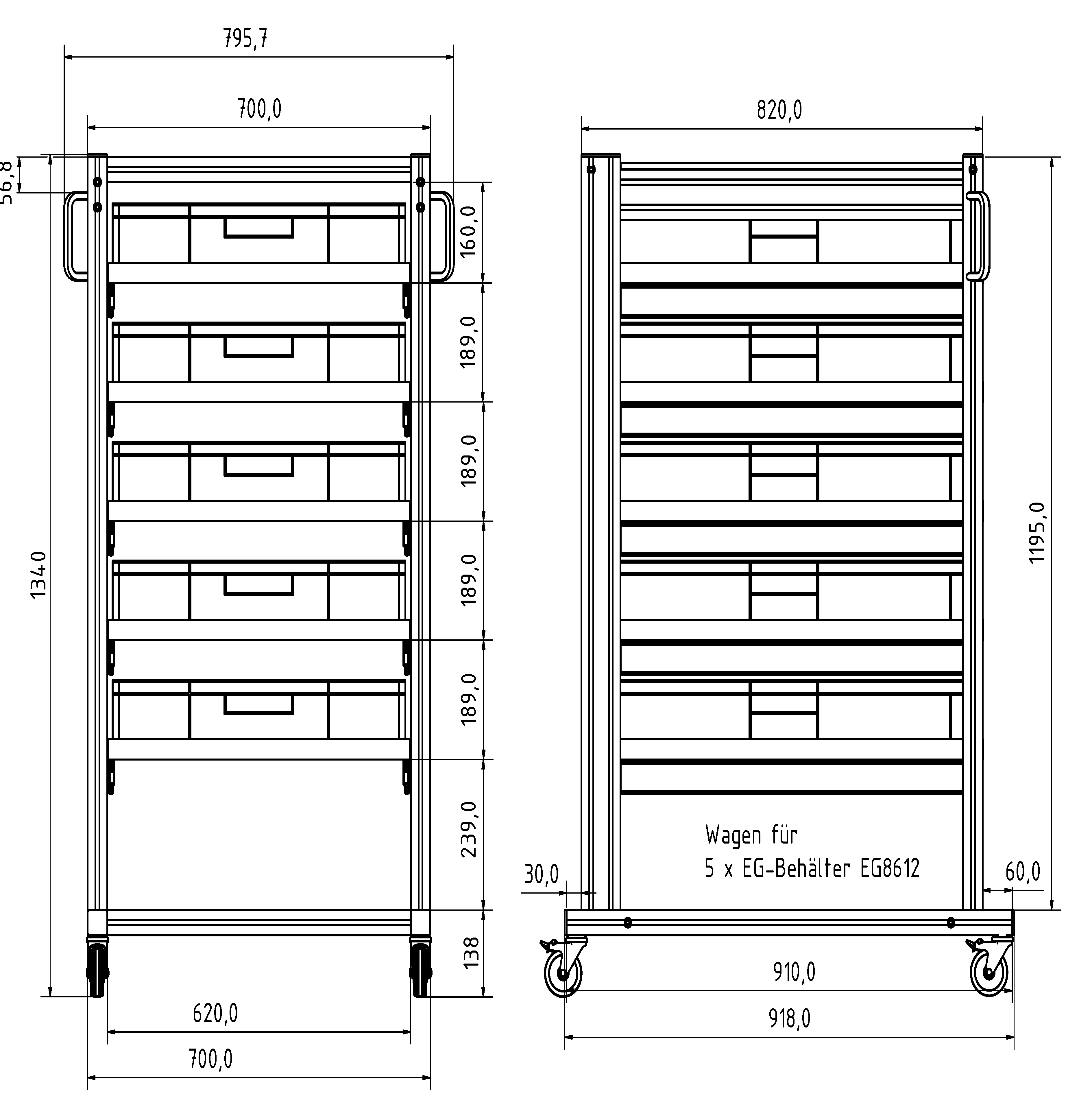 Systemwagen mit Eurobehälter 80x60 H 134 cm 
