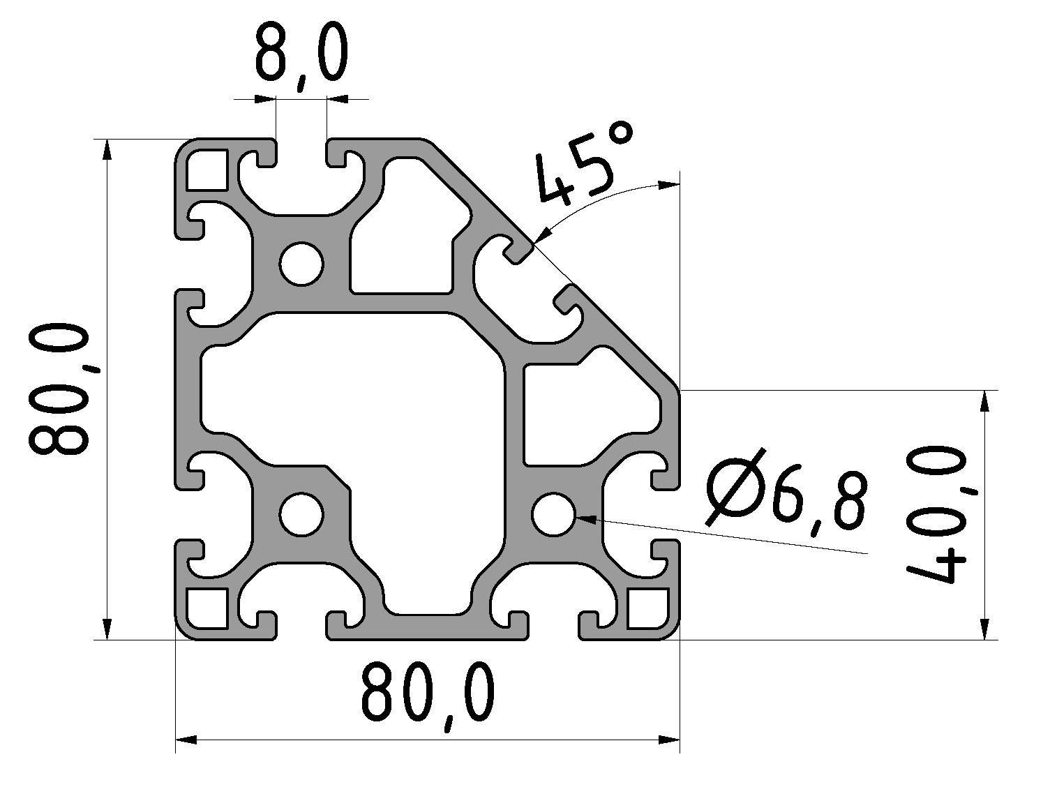 Profil 8 80x80-45° leicht, natur