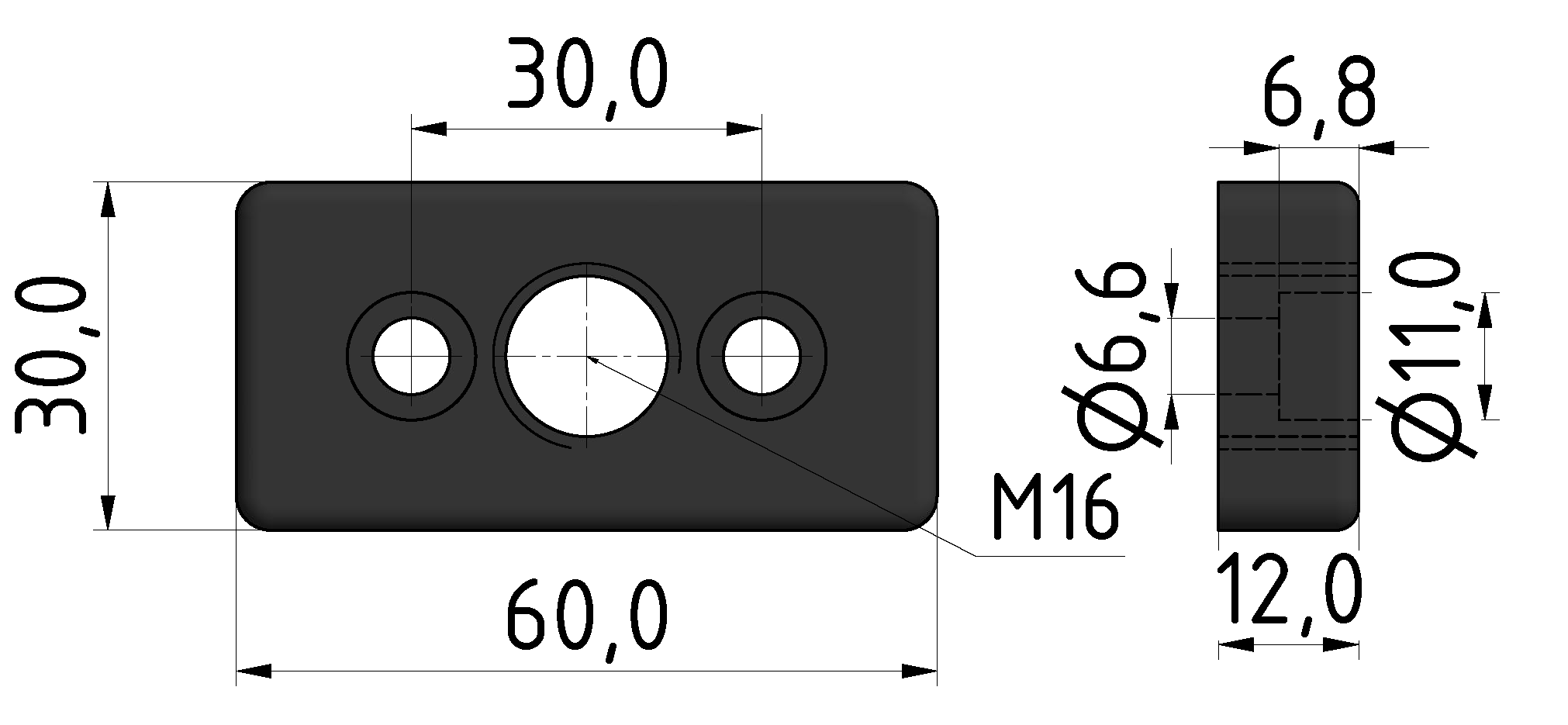 Fußplatte 6 60x30, M16, schwarz