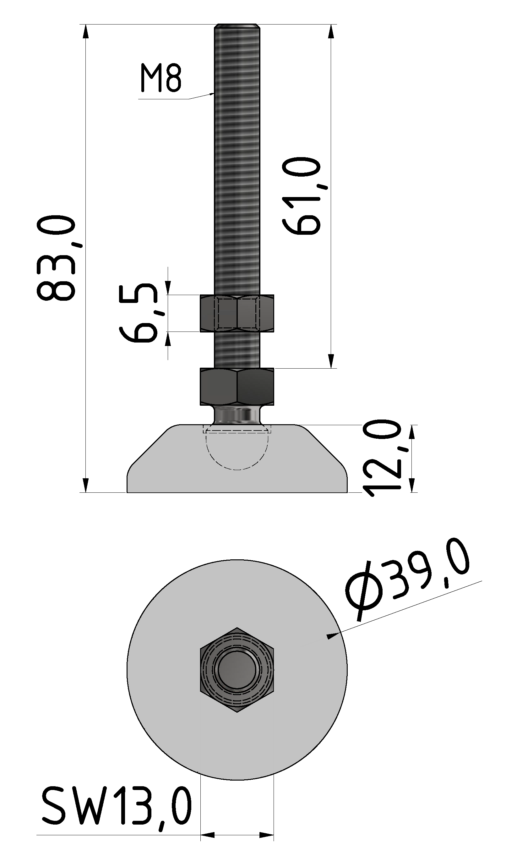 Stellfuß D40, M8x80, grau