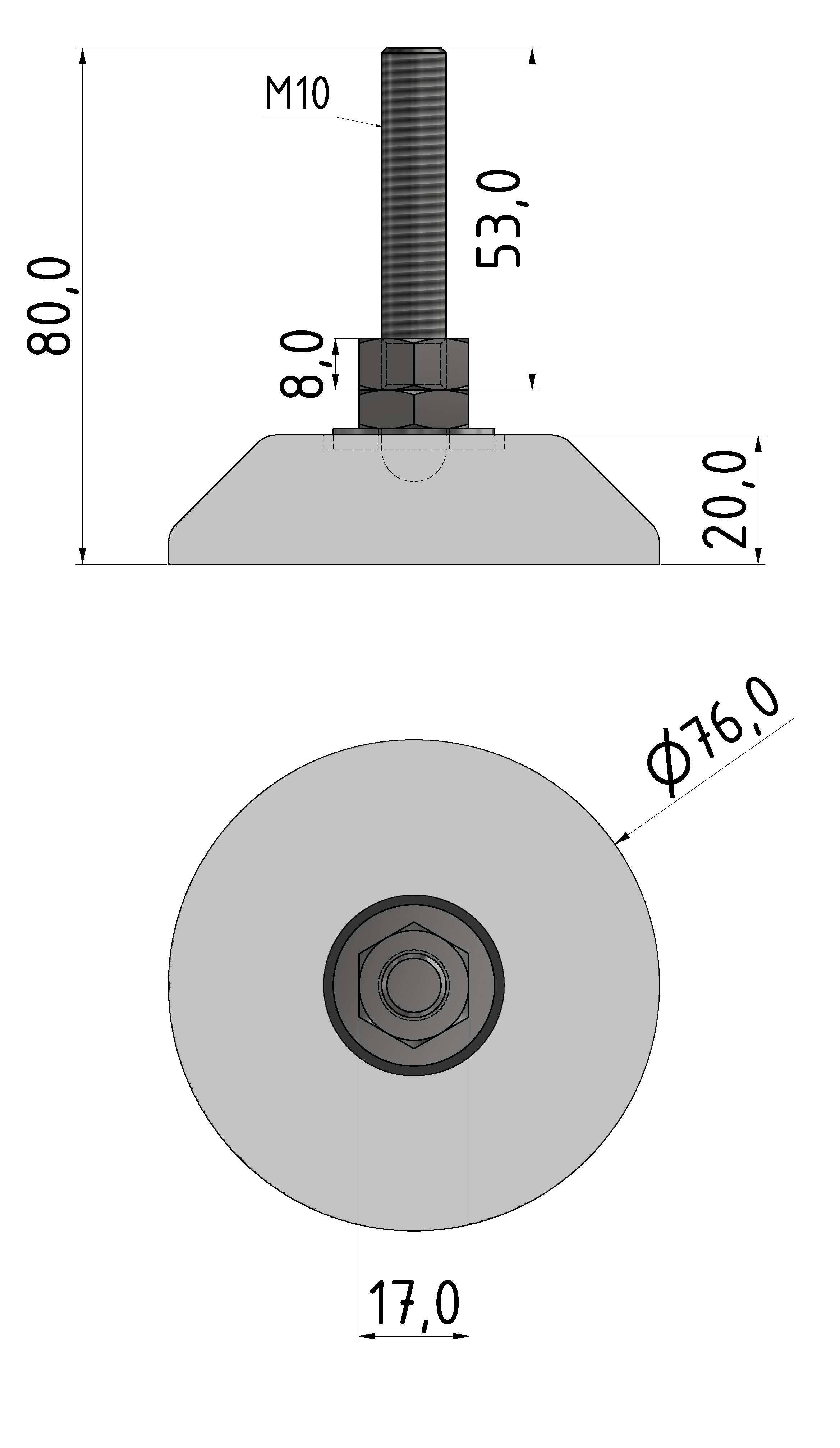 Stellfuß D80, M10x80, weißaluminium ähnlich RAL 9006