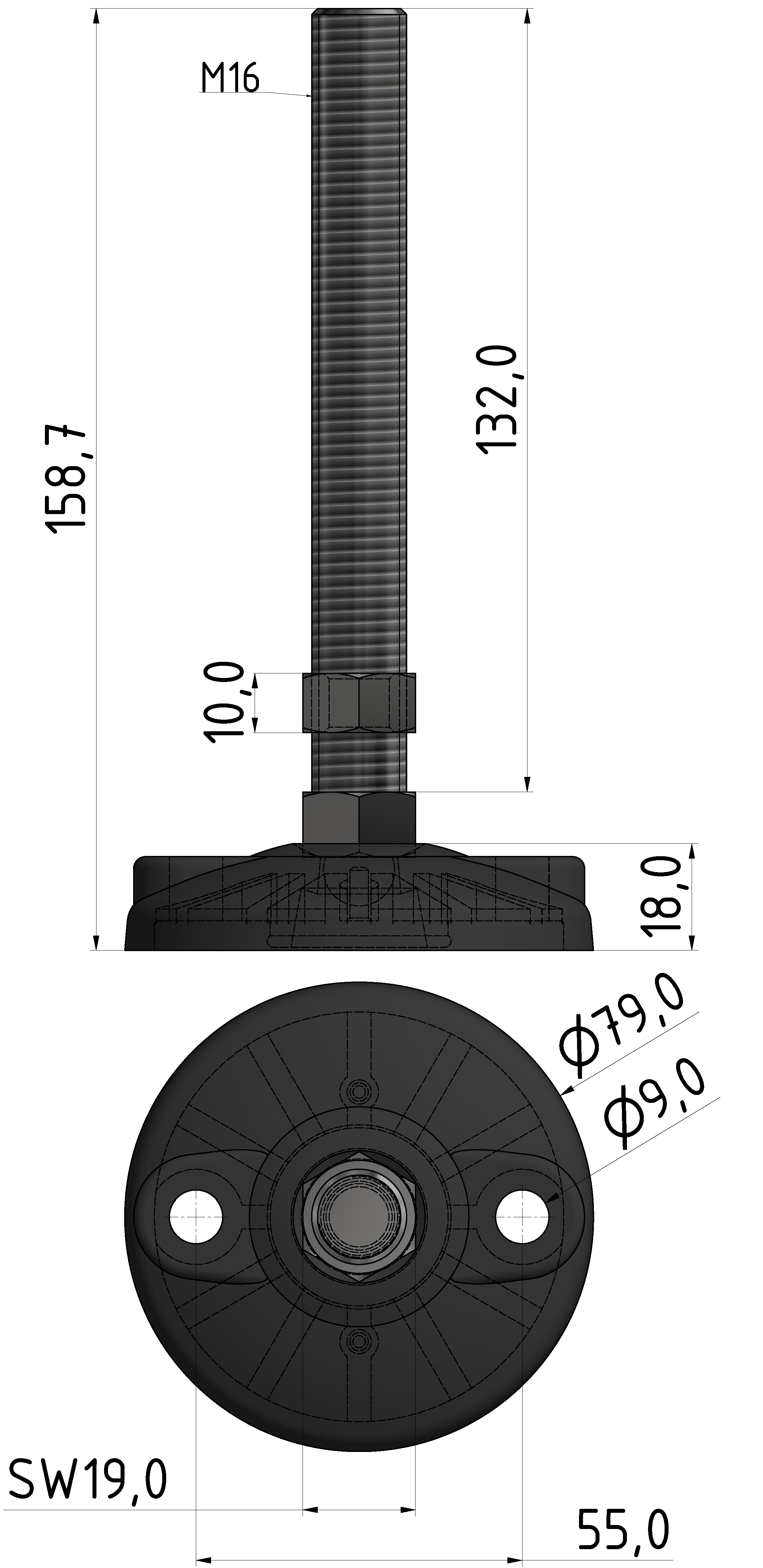 Stellfuß D120 B, M16x160, schwarz