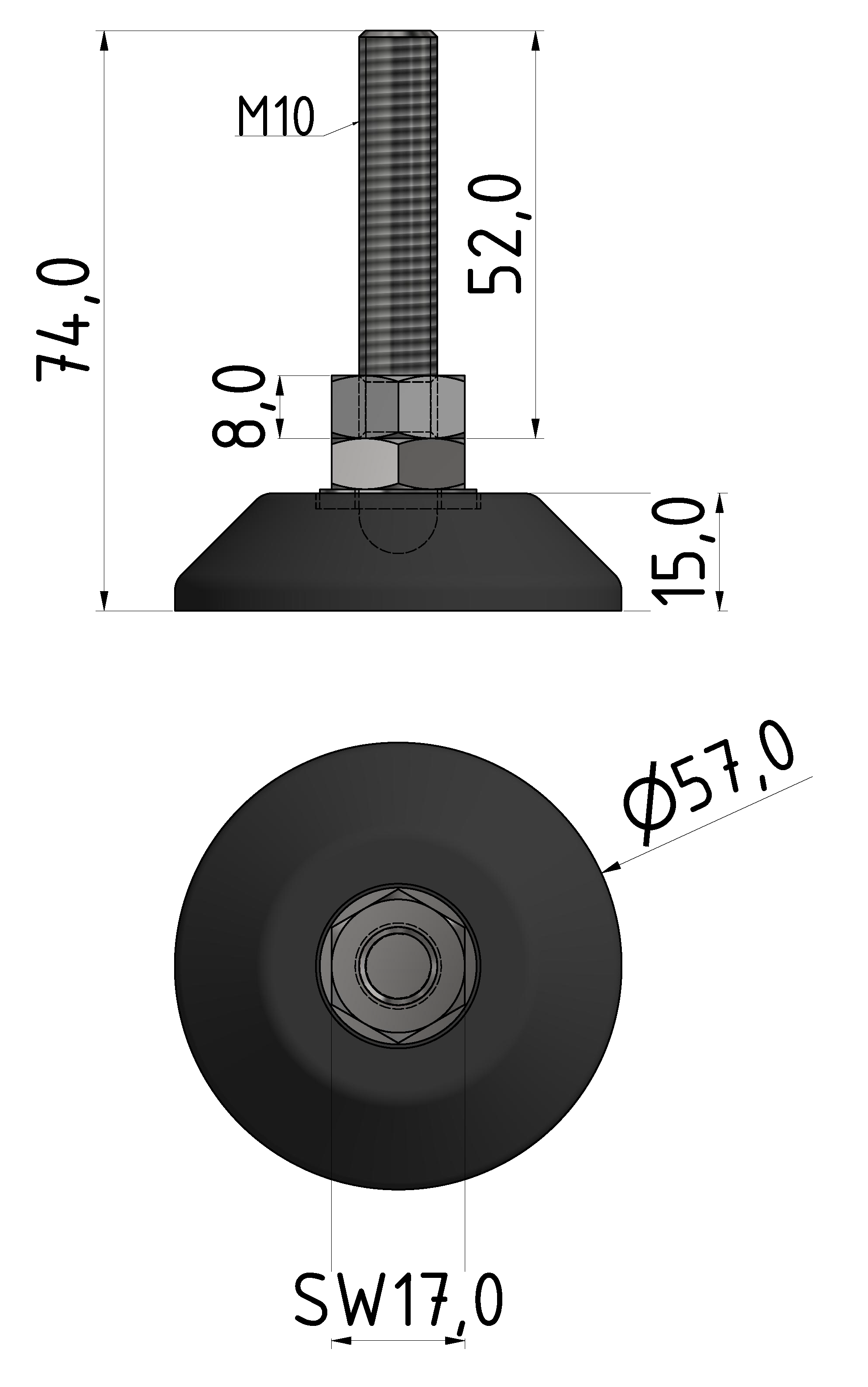 Stellfuß D60, M10x75, weißaluminium