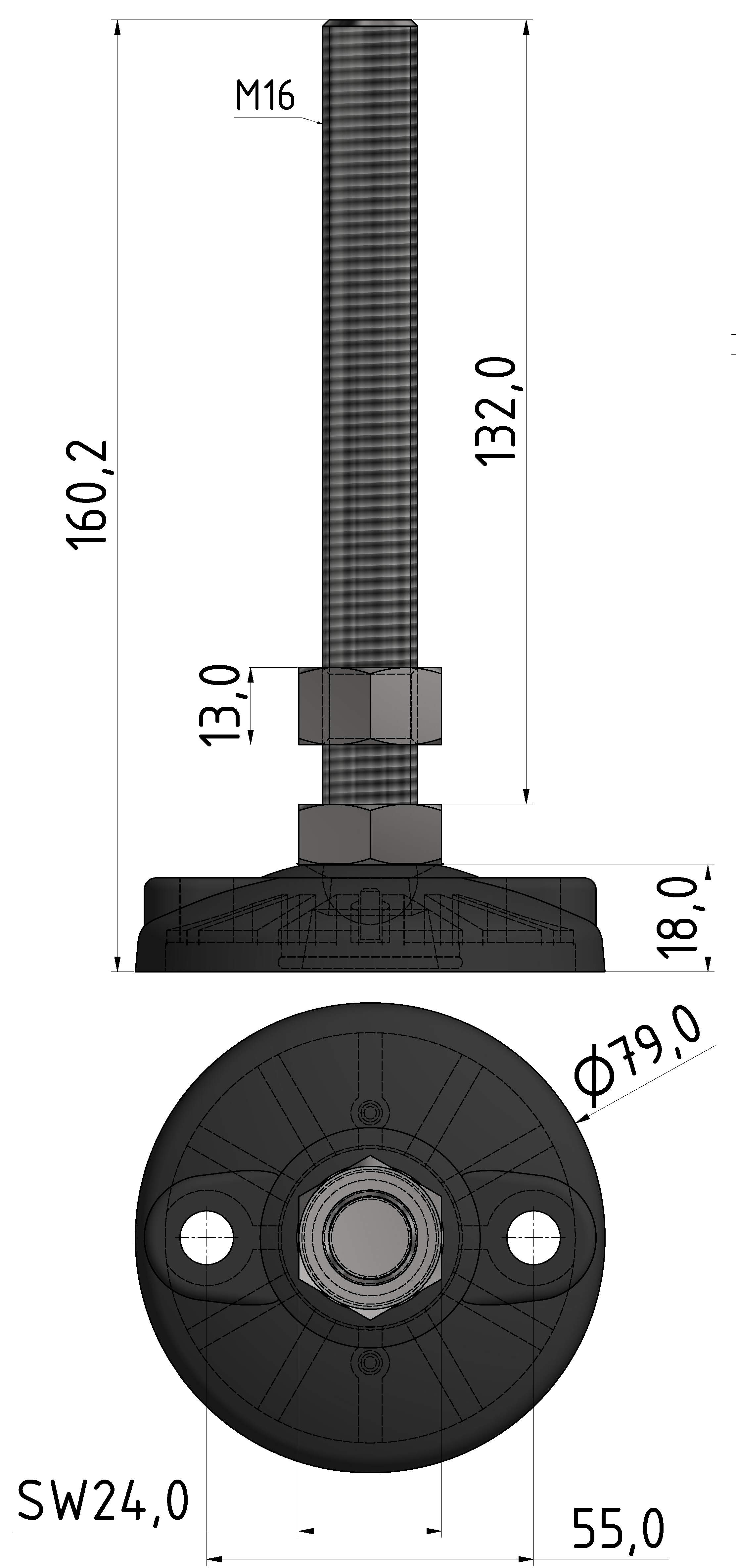 Stellfuß D80 B, M16x160, schwarz