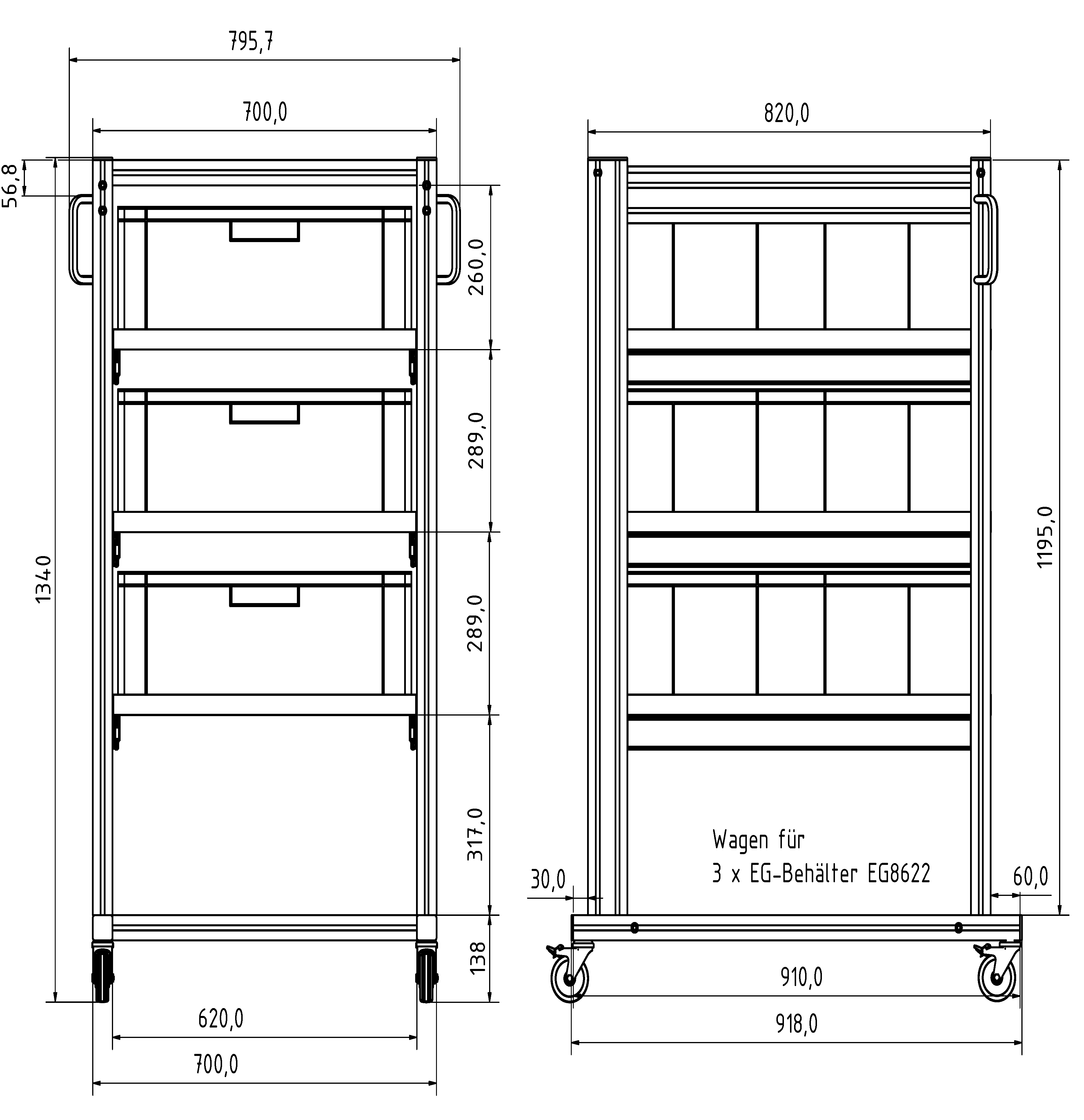 Systemwagen für Eurobehälter 80x60 H 134 cm 