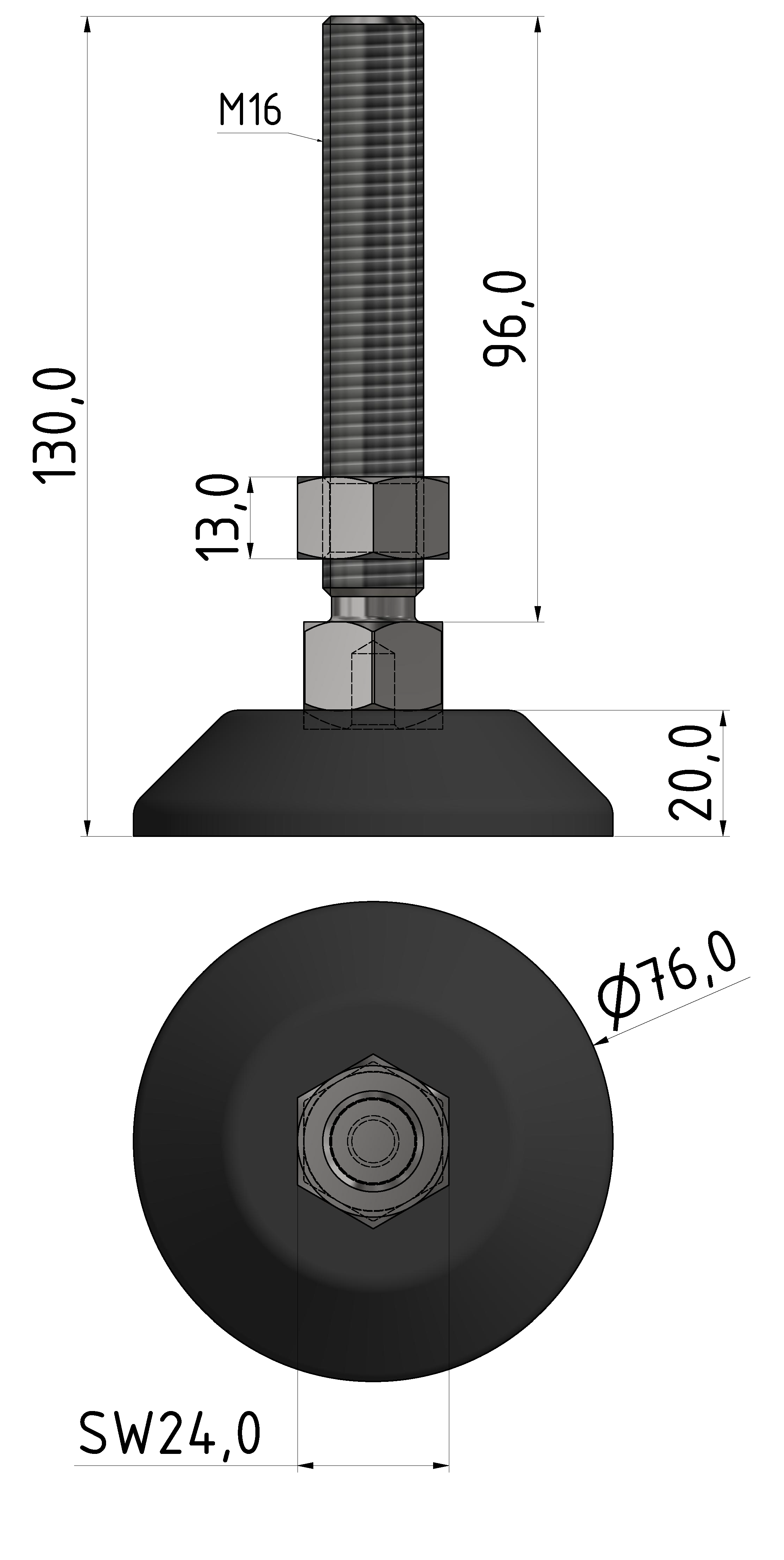 Stellfuß D80, M16x130, schwarz
