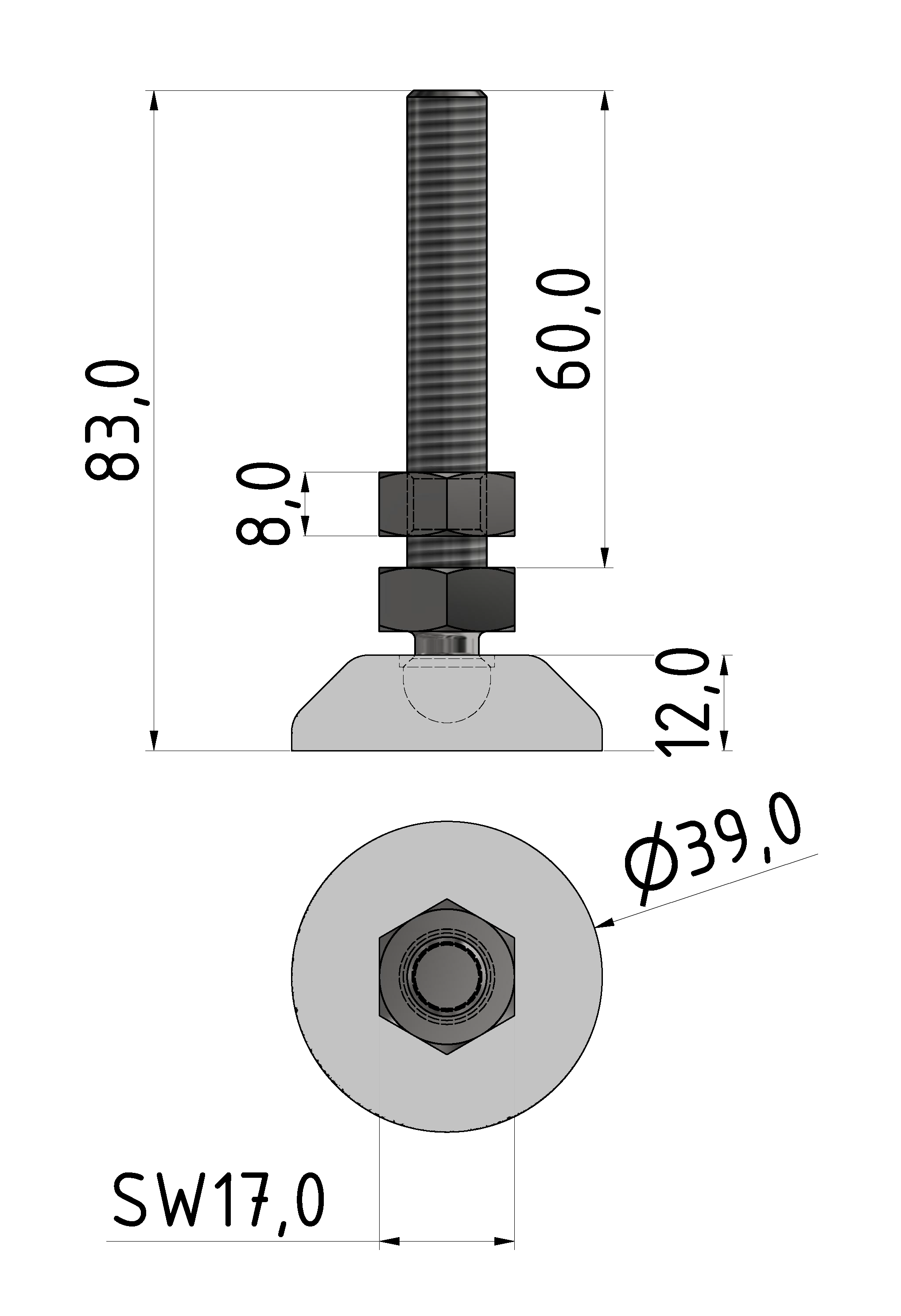 Stellfuß D40, M10x80, grau
