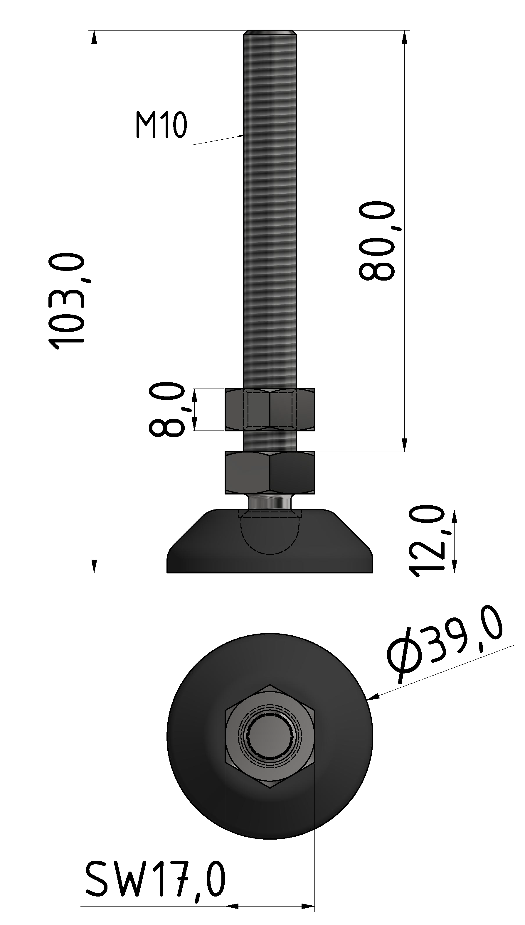 Stellfuß D40, M10x100, schwarz