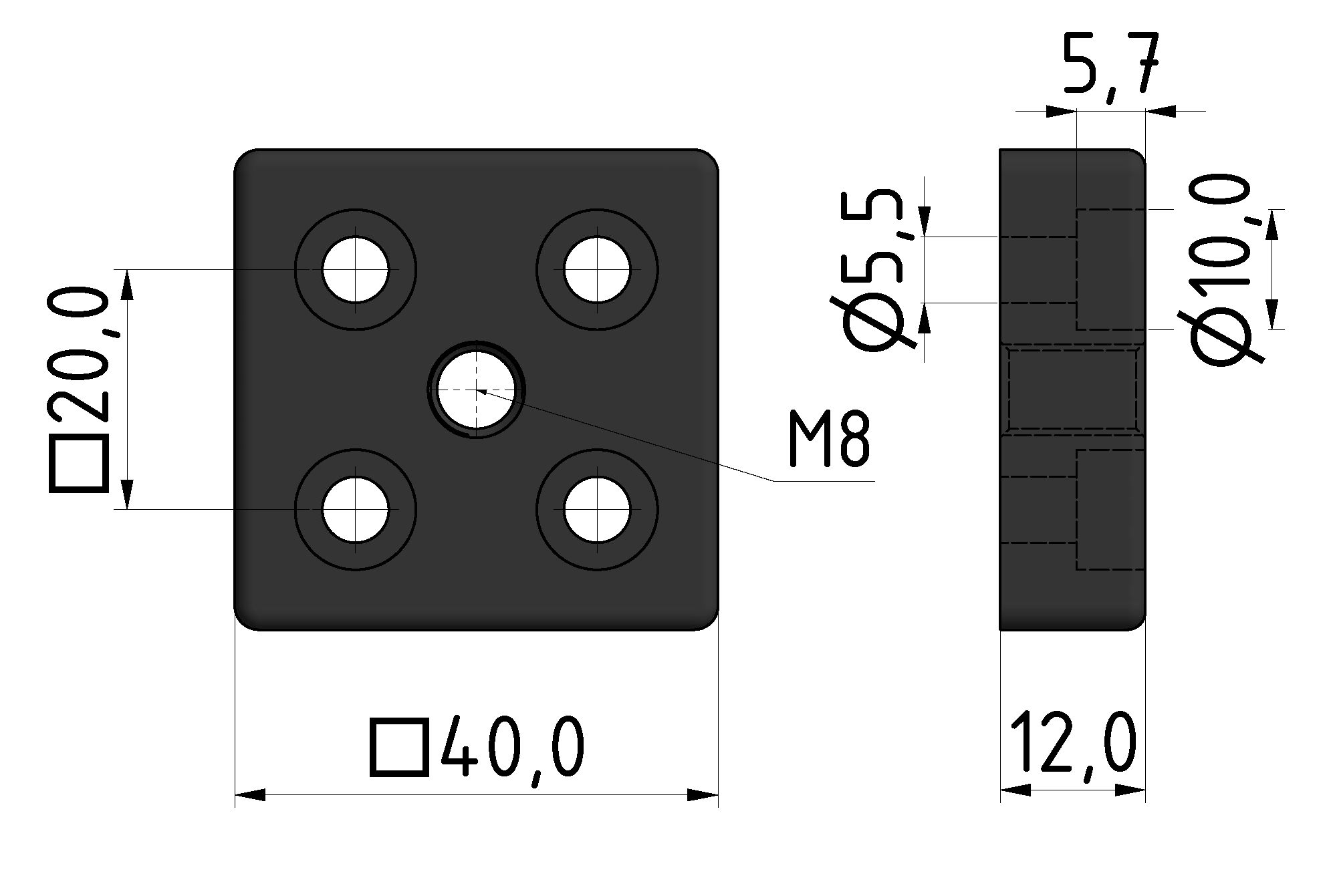 Fußplatte 5 40x40, M8, schwarz