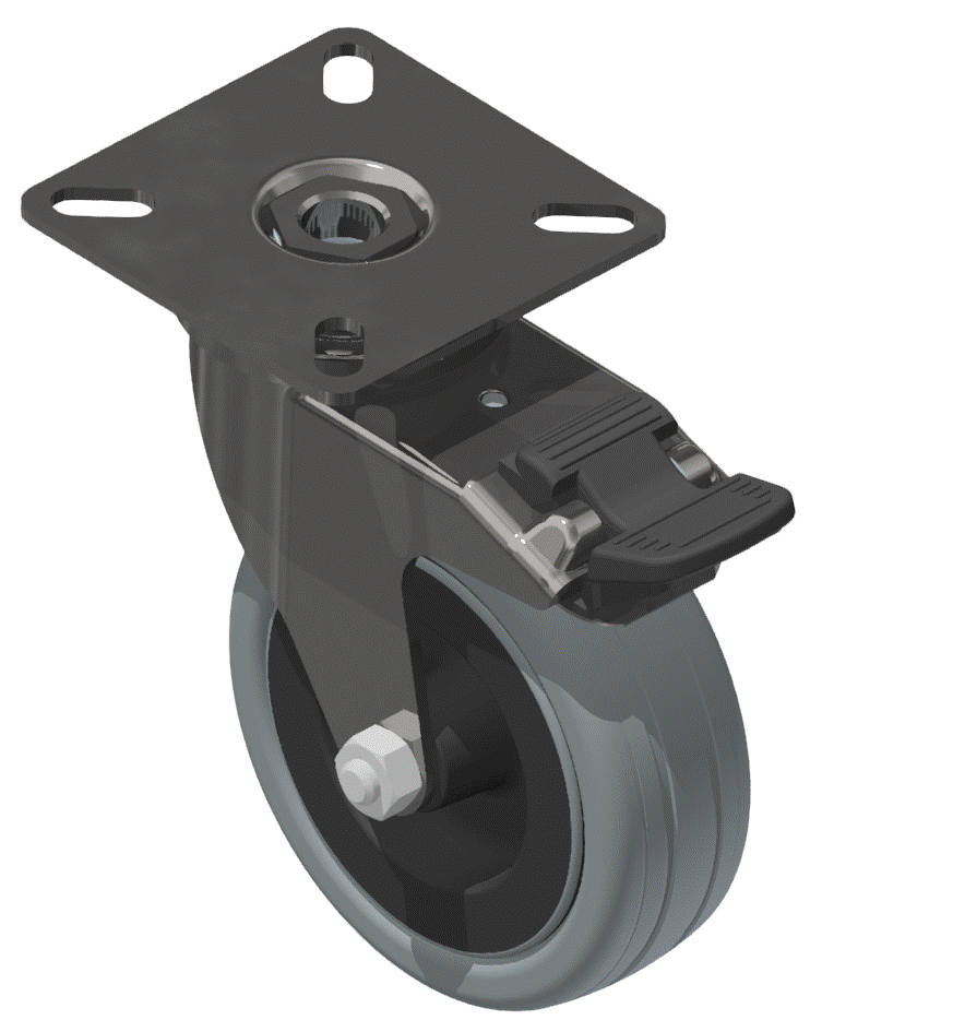 Castor D75 swivel with double-brake Fitting Plate, bright zinc-plated