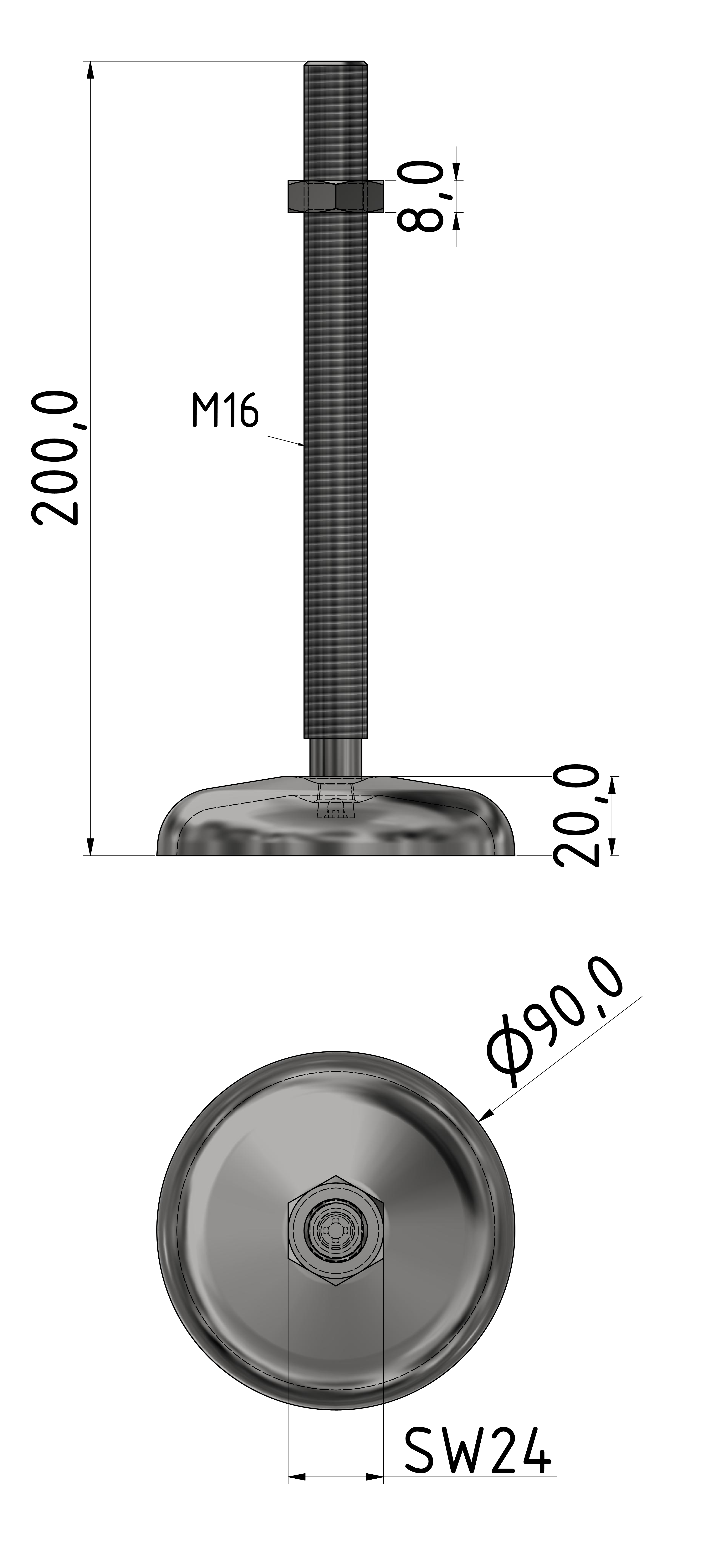 Stellfuß ST D90 M16x200, verzinkt